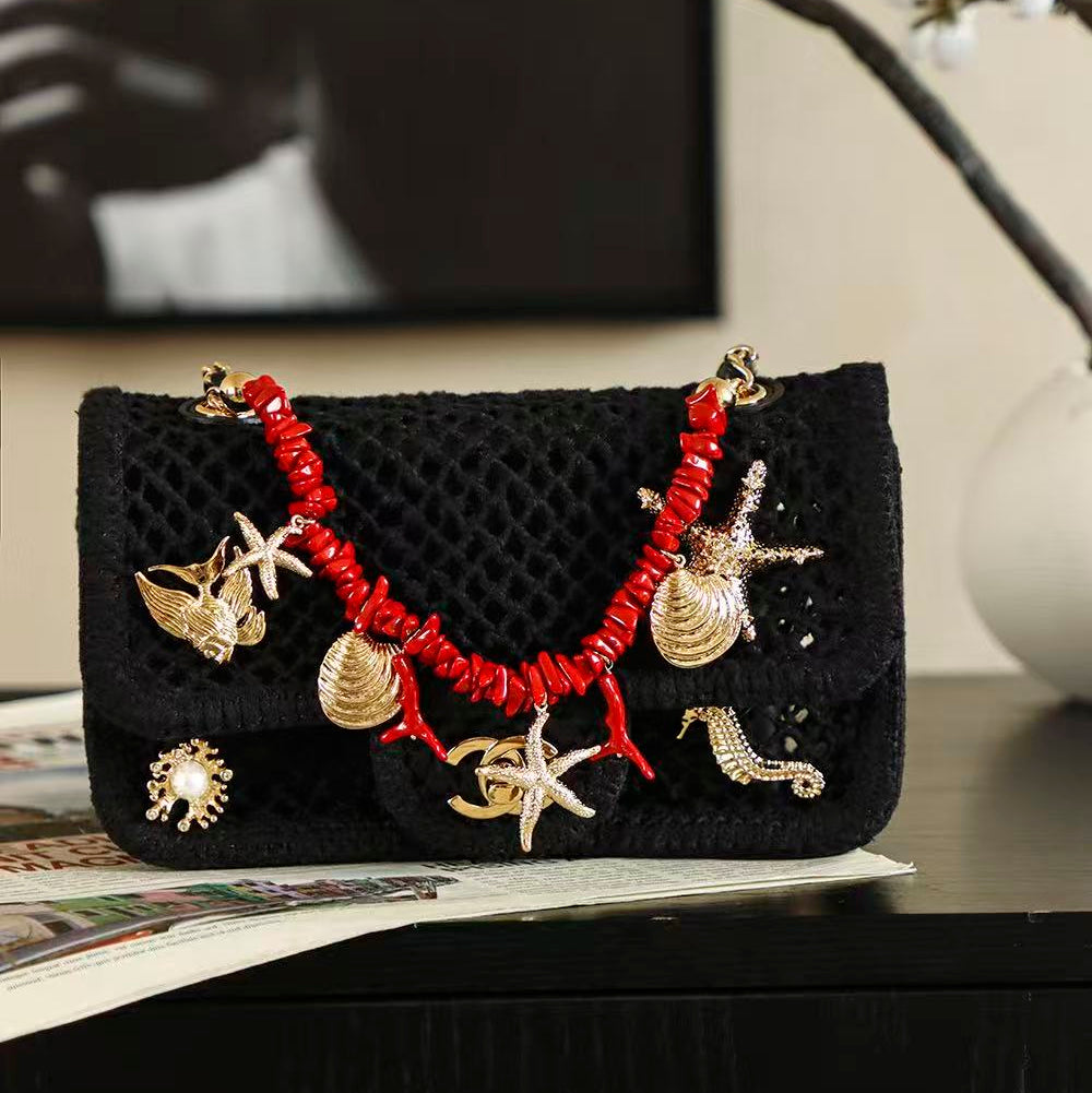 CC Coco Beach 2026 Small Flap Bag Charm Black Mesh