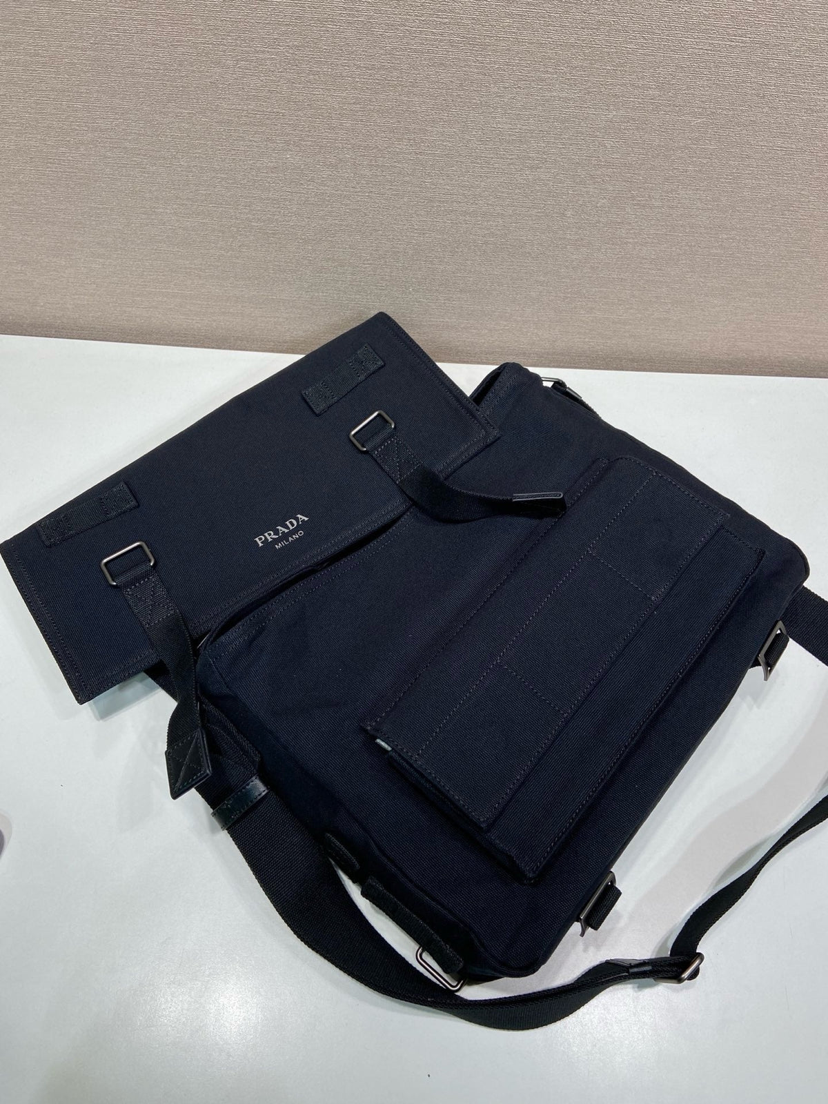 Prada 2026 Messenger Bag 34cm Navy Blue Canvas