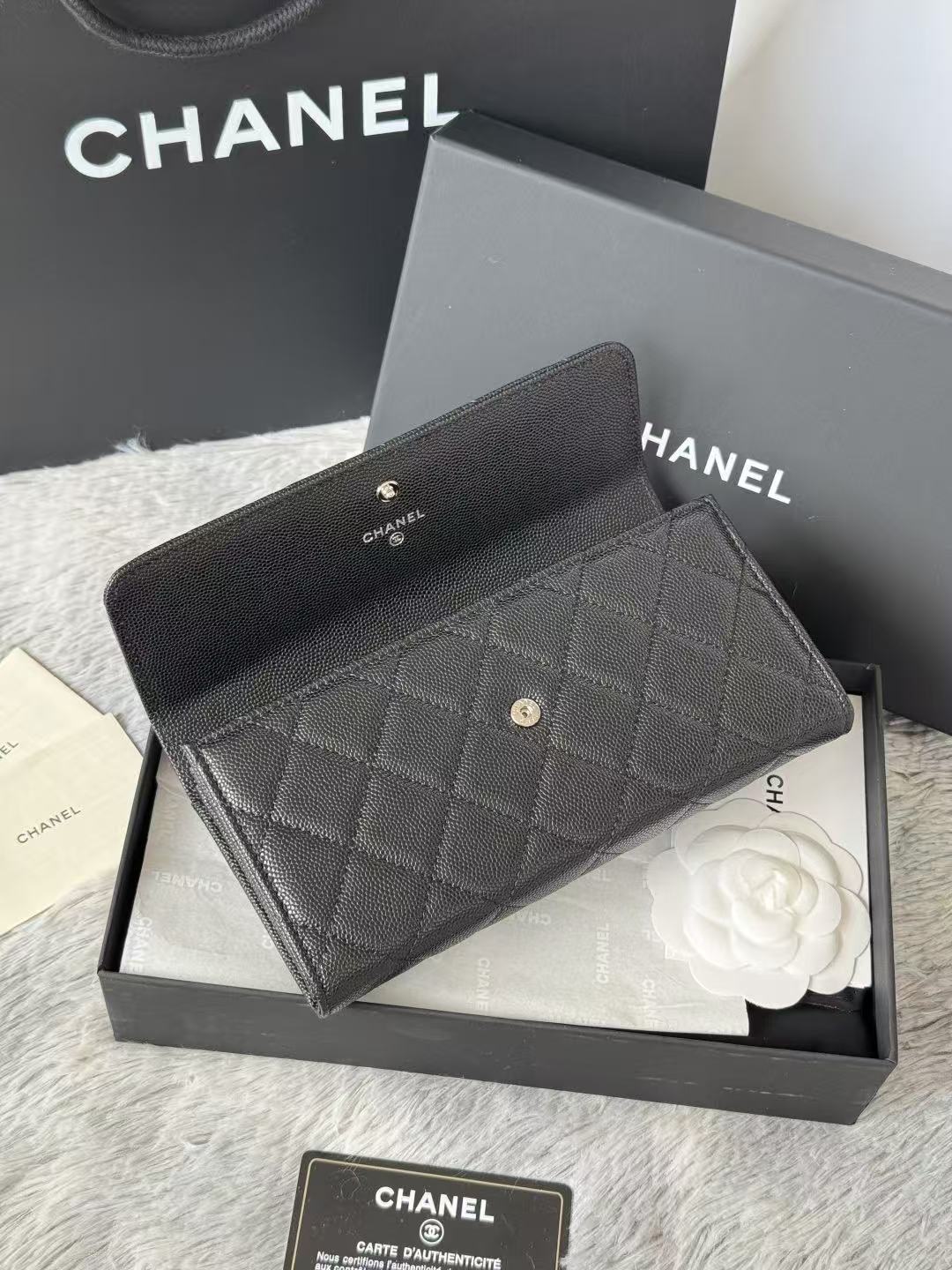 CC Quilted Flap Wallet Black Caviar
