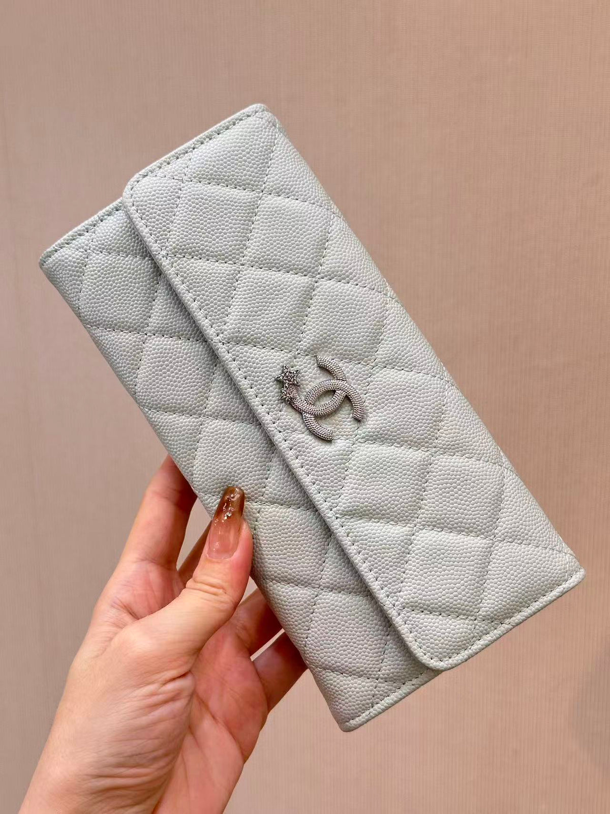 CC Quilted Flap Wallet White Caviar