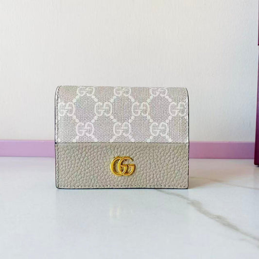 GG Bi-color GG Marmont Small Wallet Beige White CowhideCanvas