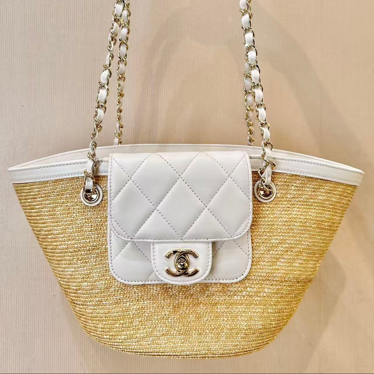 CC 26s Shopping Tote Bag Braided Raffia Lambskin