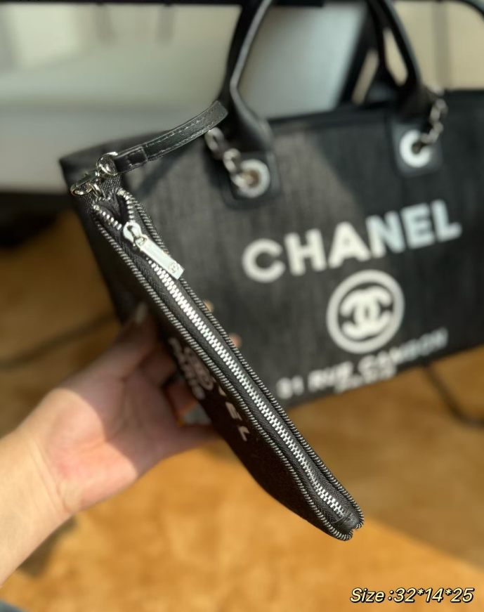 CC Deauville Tote Bag White Lettering Chain Strap 32cm Black Denim