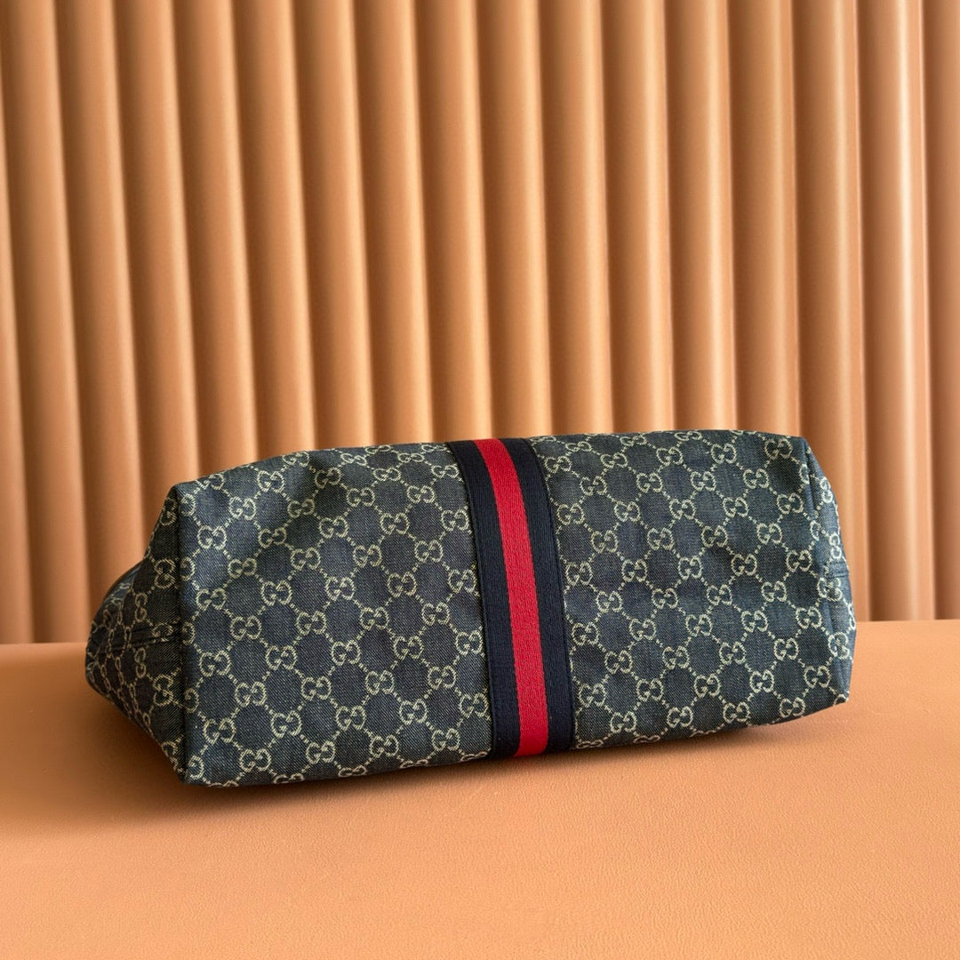 Gucci Giglio Large Tote Bag Blue and Red Denim