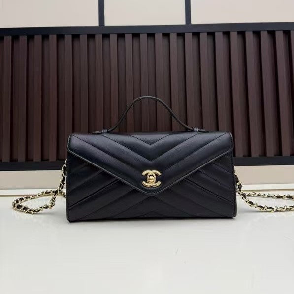 CC Large Flap Bag With Handles Black Goat Leather