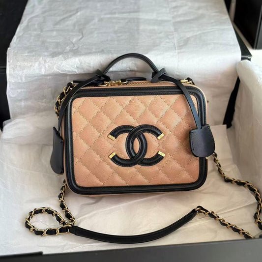 CC Filigree Vanity Case Satchel Beige Small Caviar Leather
