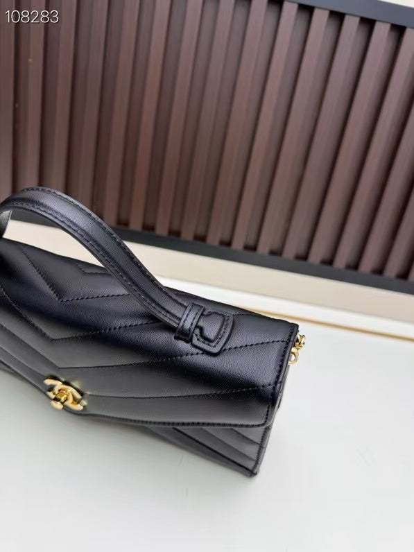 CC Large Flap Bag With Handles Black Goat Leather