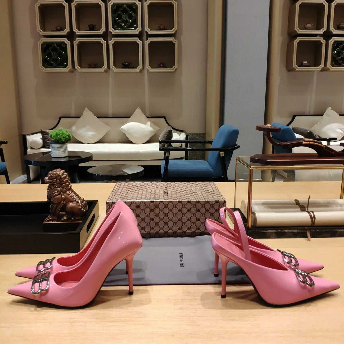 Balenciaga 26s High Heel 100 Pink Patent Leather Sliver Logo 681185