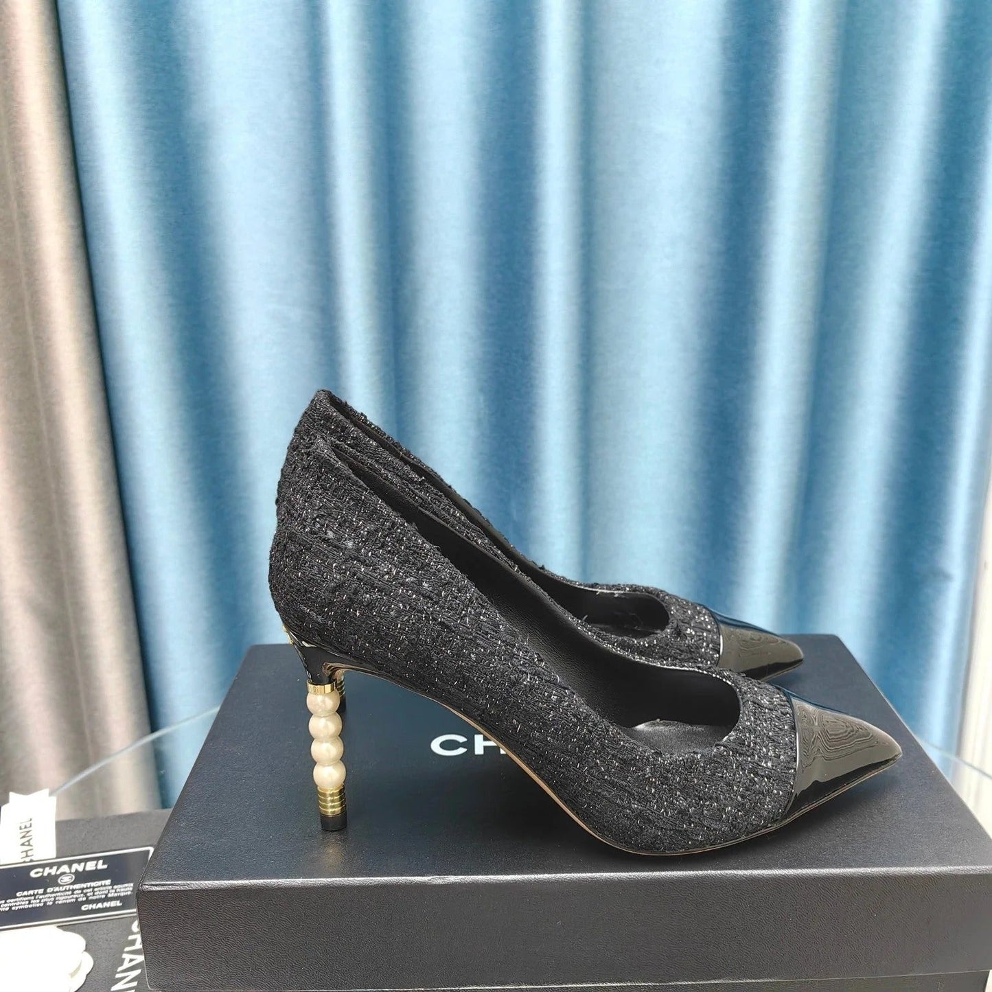 Chanel 26 Pointed Toe 85mm Pearl Black in Coarse Tweed 712805