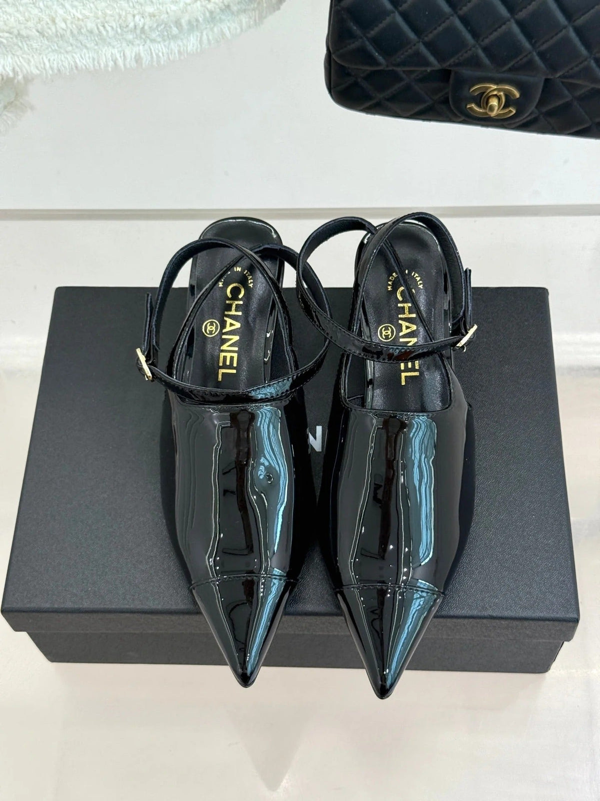 CC Pointed Toe Kitten Heel 30 Open Back Sandals Black in Patent Leather 706378