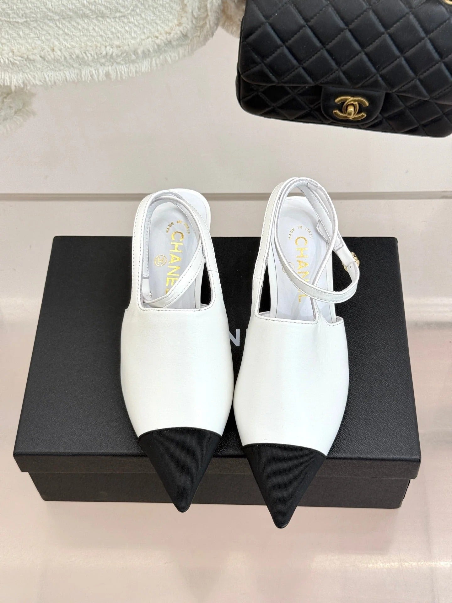 CC Pointed Toe Kitten Heel 30 Open Back Sandals White in Cowhide 706381