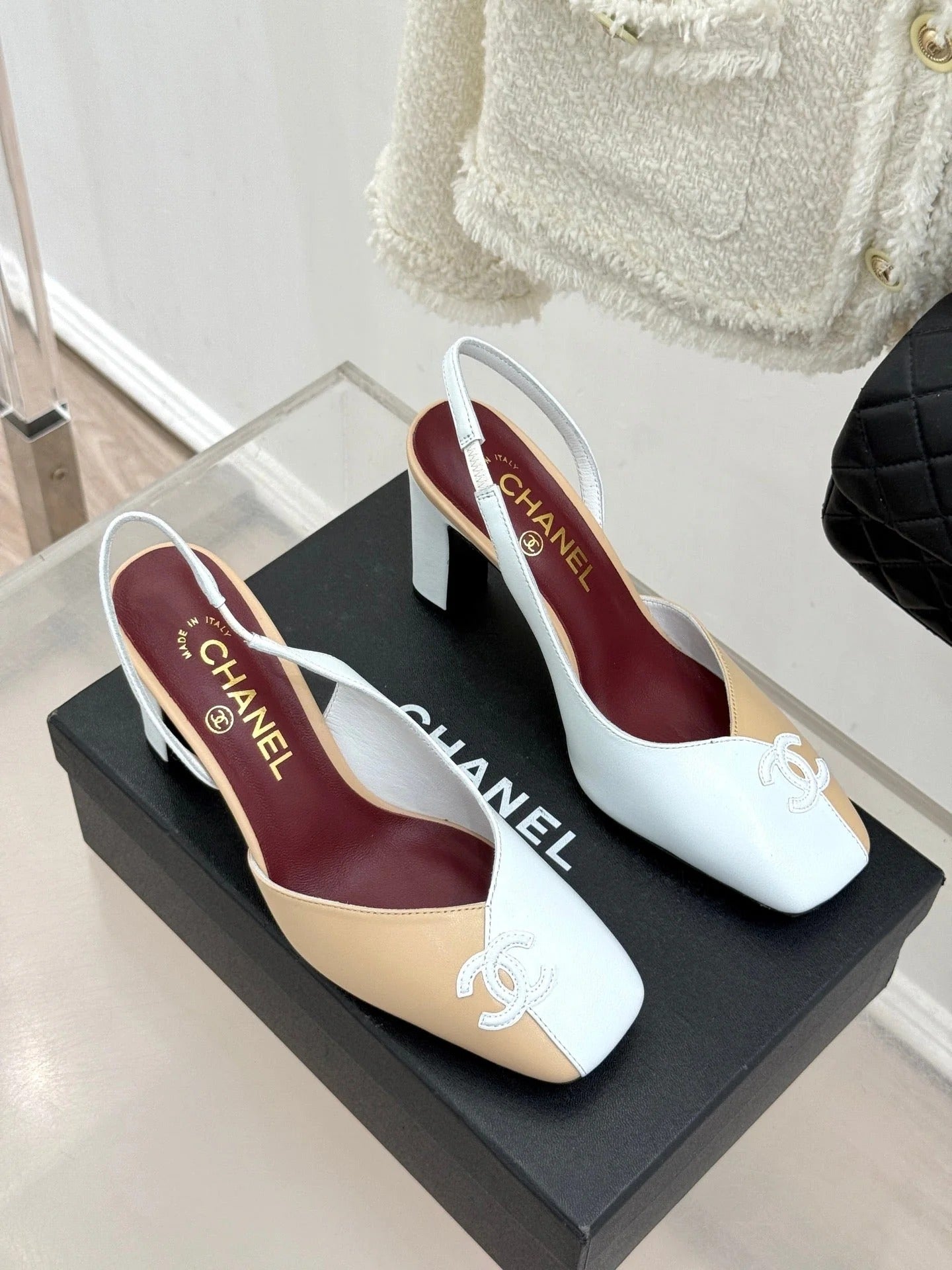 Chanel 26S Slingback 85mm Beige White in Cowhide 706355