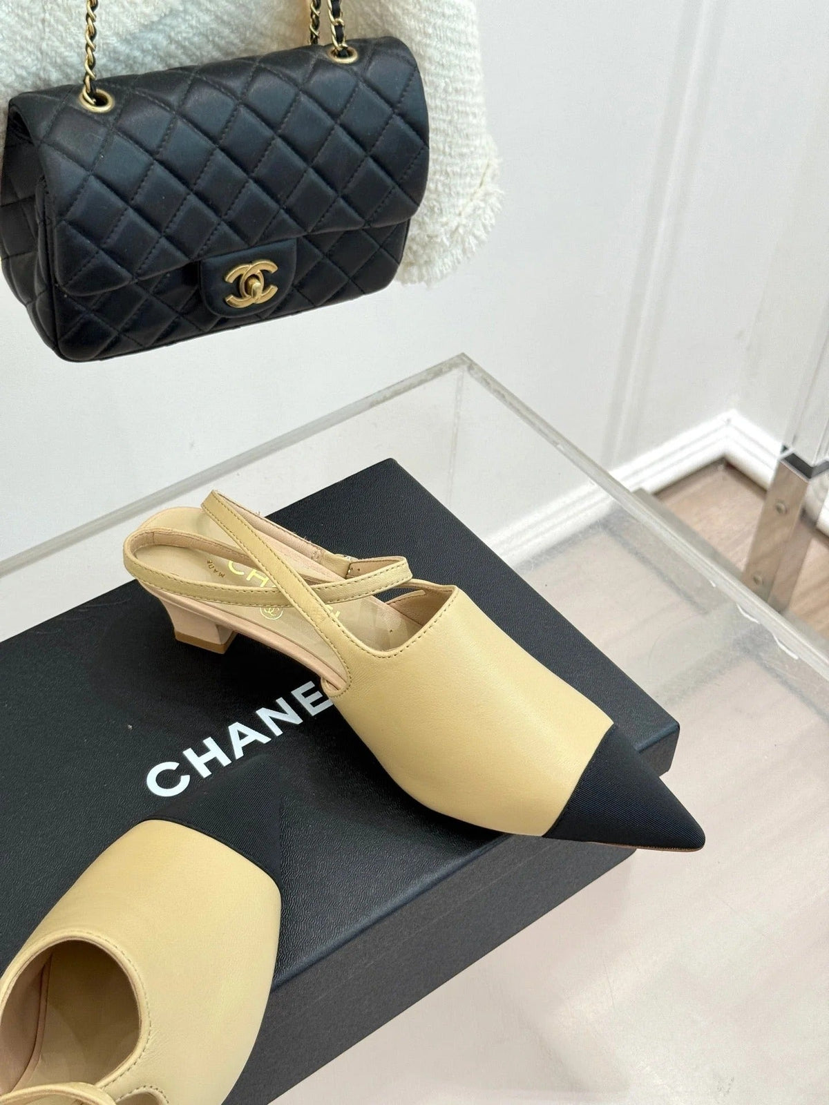 CC Pointed Toe Kitten Heel 30 Open Back Sandals Beige in Cowhide 706383