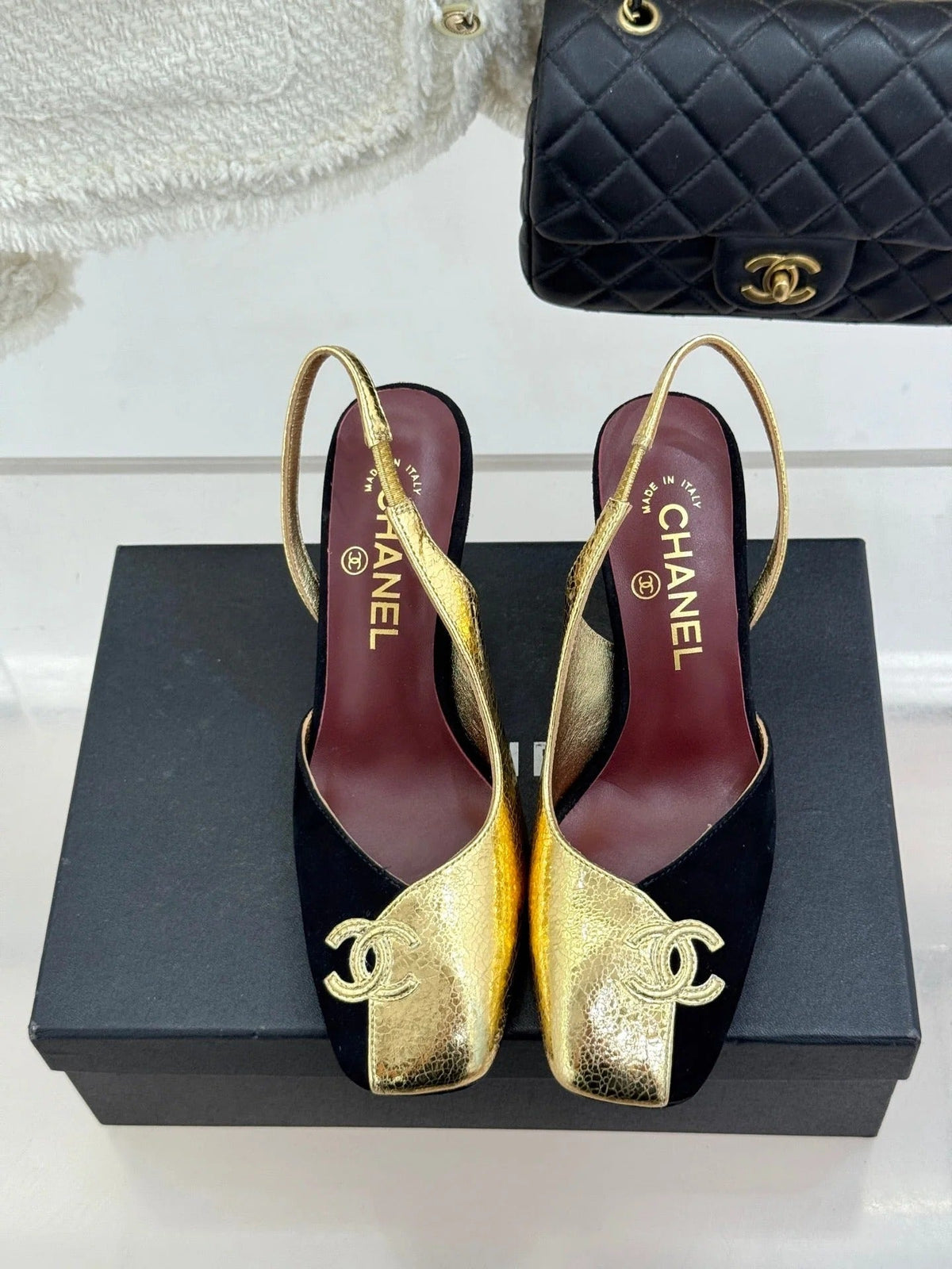 Chanel 26S Slingback 85mm Gold Black in Customized leather 706357