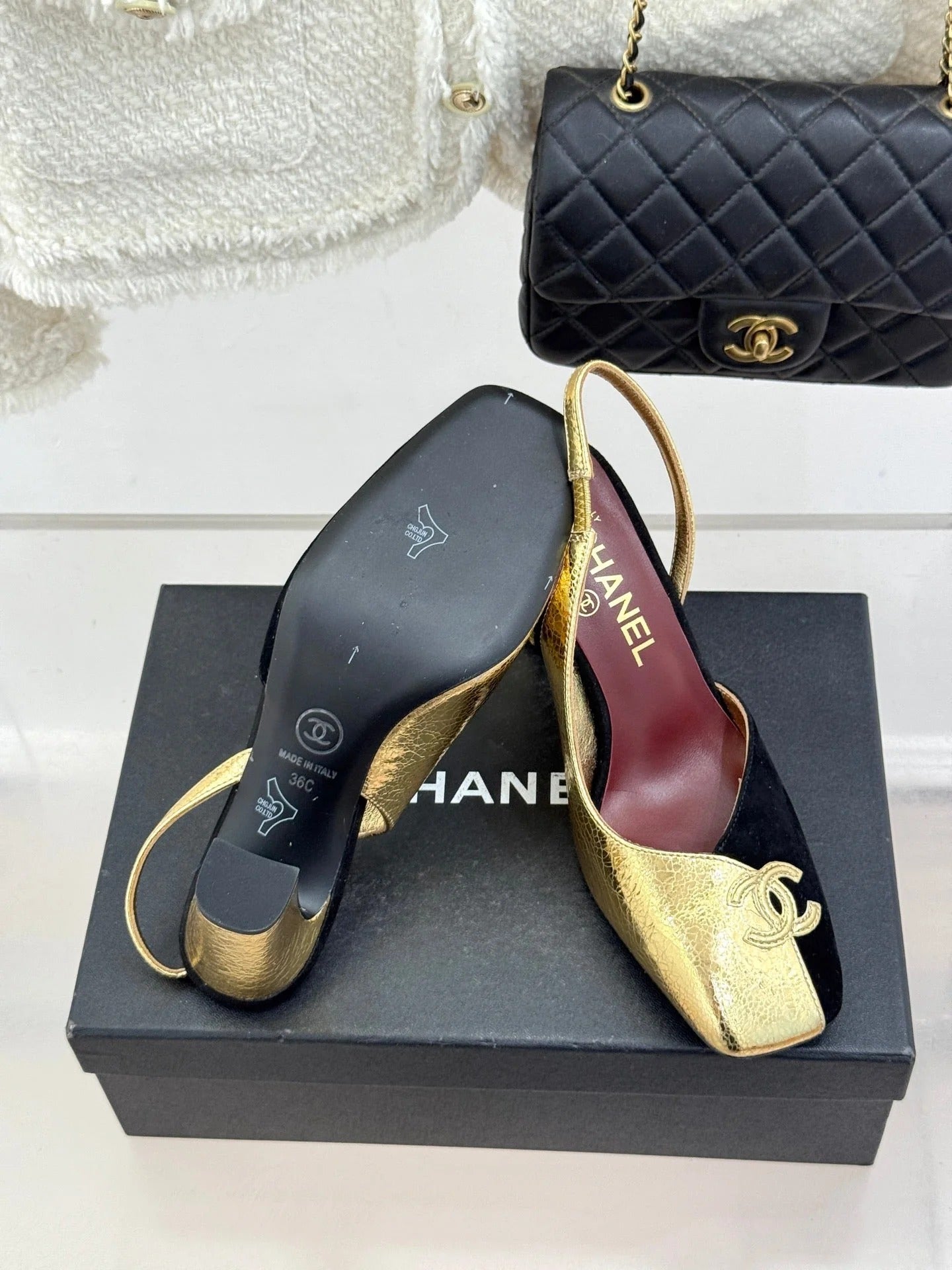 Chanel 26S Slingback 85mm Gold Black in Customized leather 706357
