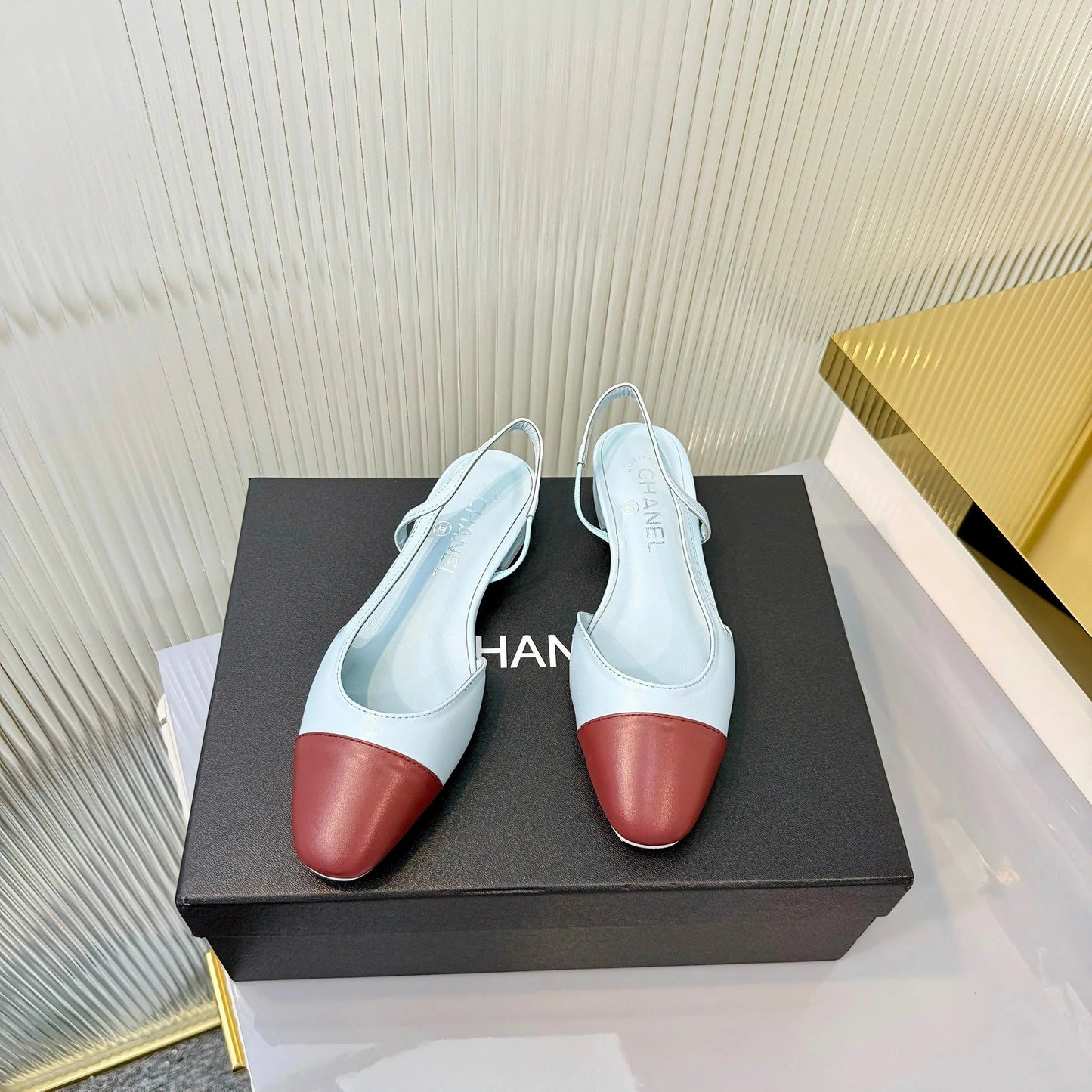 CC 26 Slingback Flat Sky Blue Burgundy Lambskin 714026