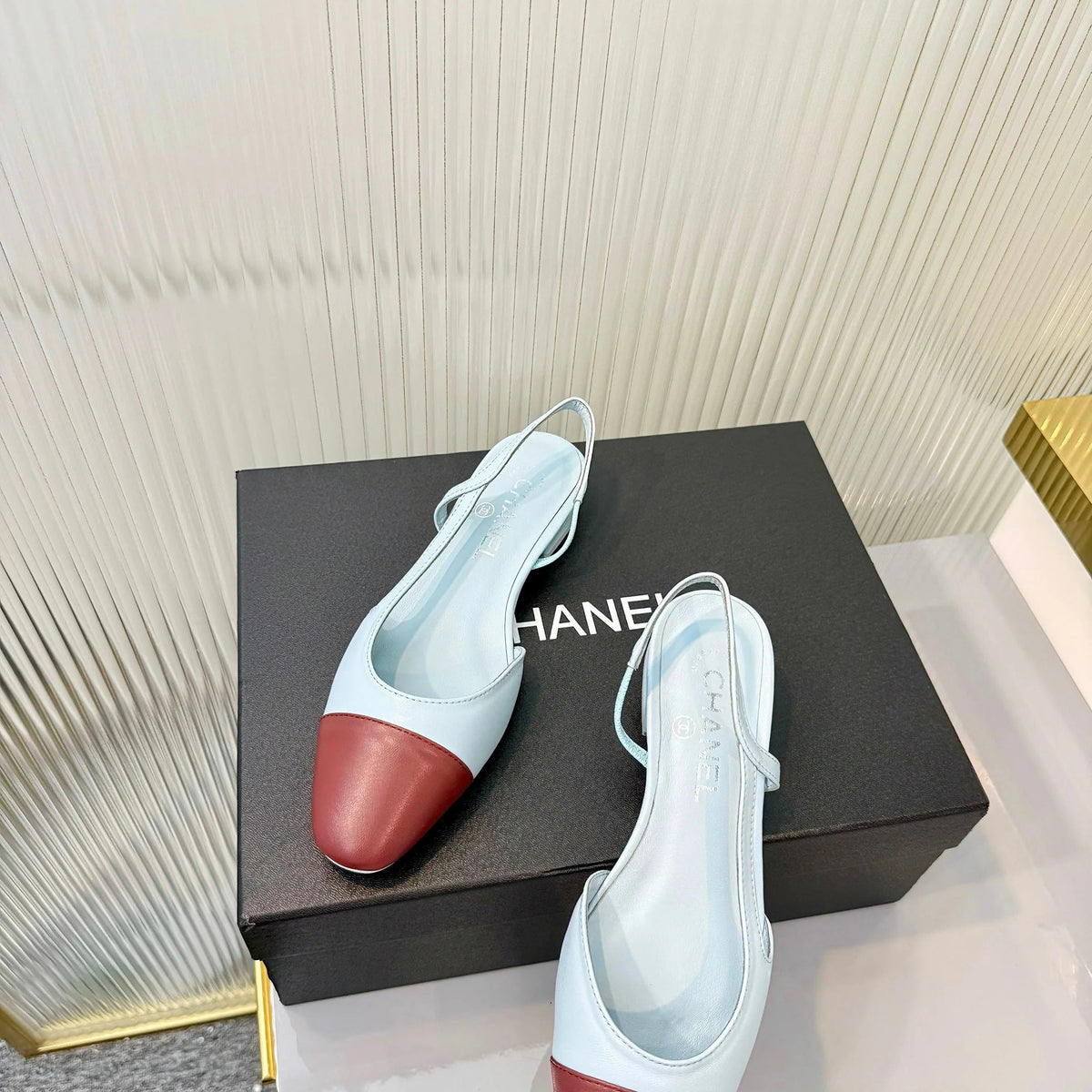 CC 26 Slingback Flat Sky Blue Burgundy Lambskin 714026