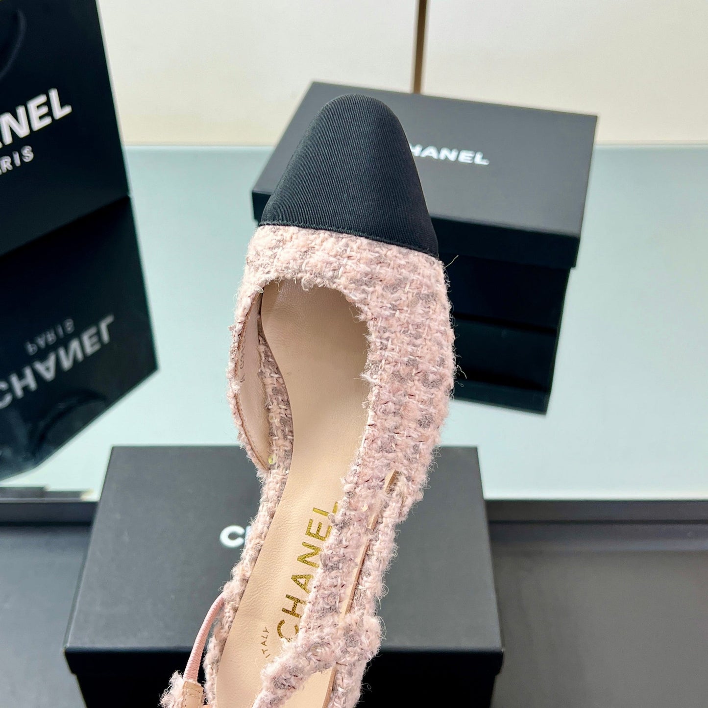CC Slingback 2.5cm Light Pink Black Fabric Tweed