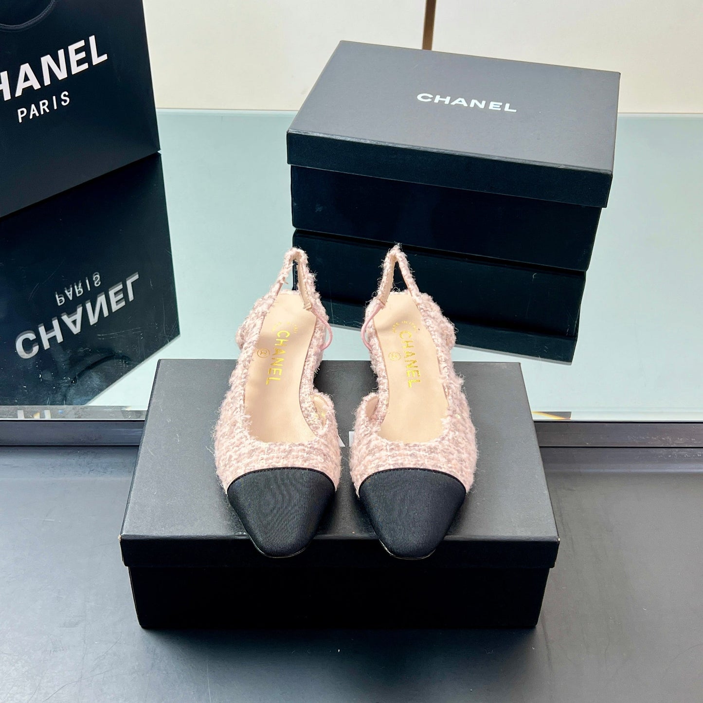 CC Slingback 2.5cm Light Pink Black Fabric Tweed