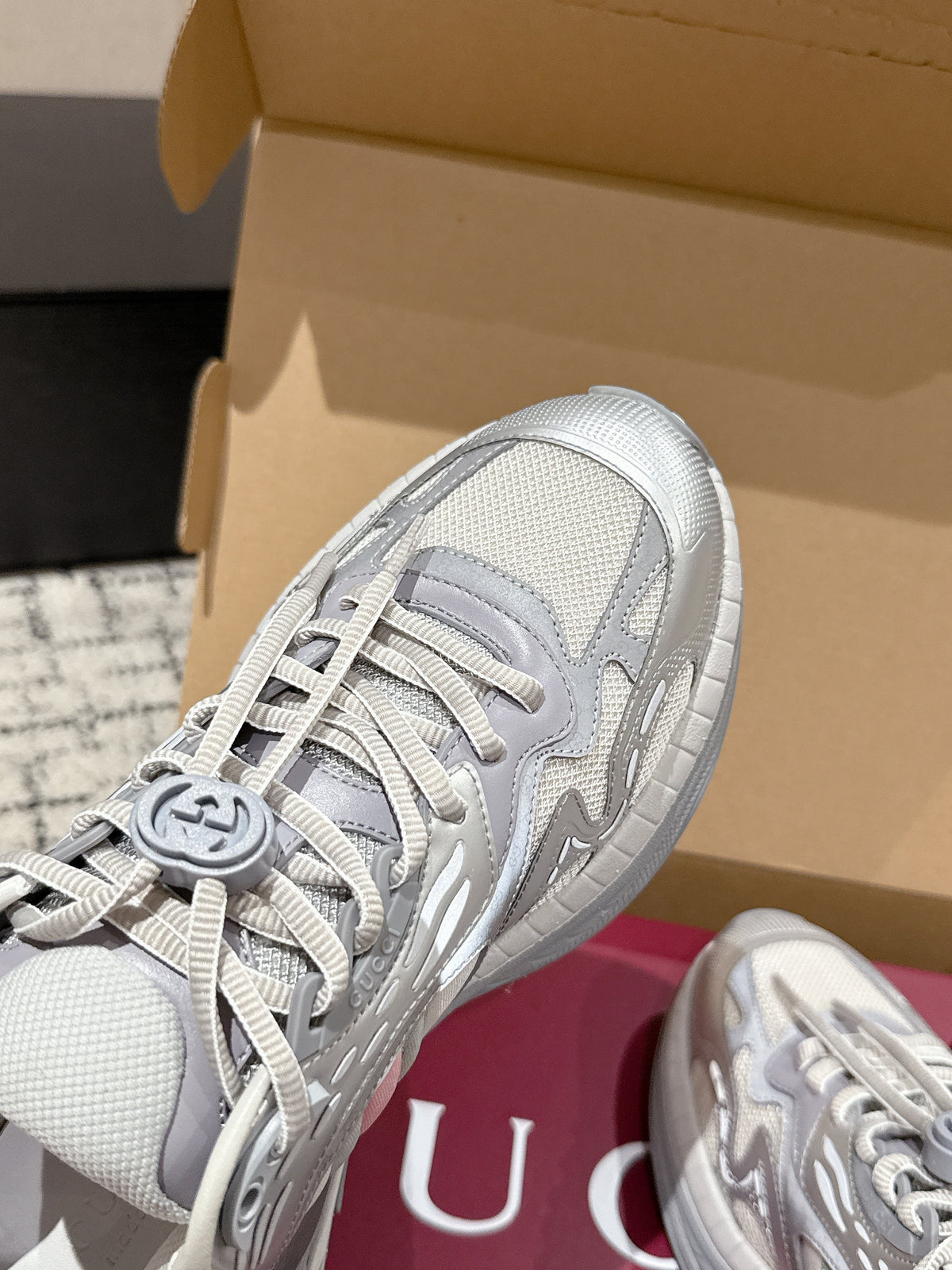 GG Rhyton Leather Sneakers White and Silver Leather 514914