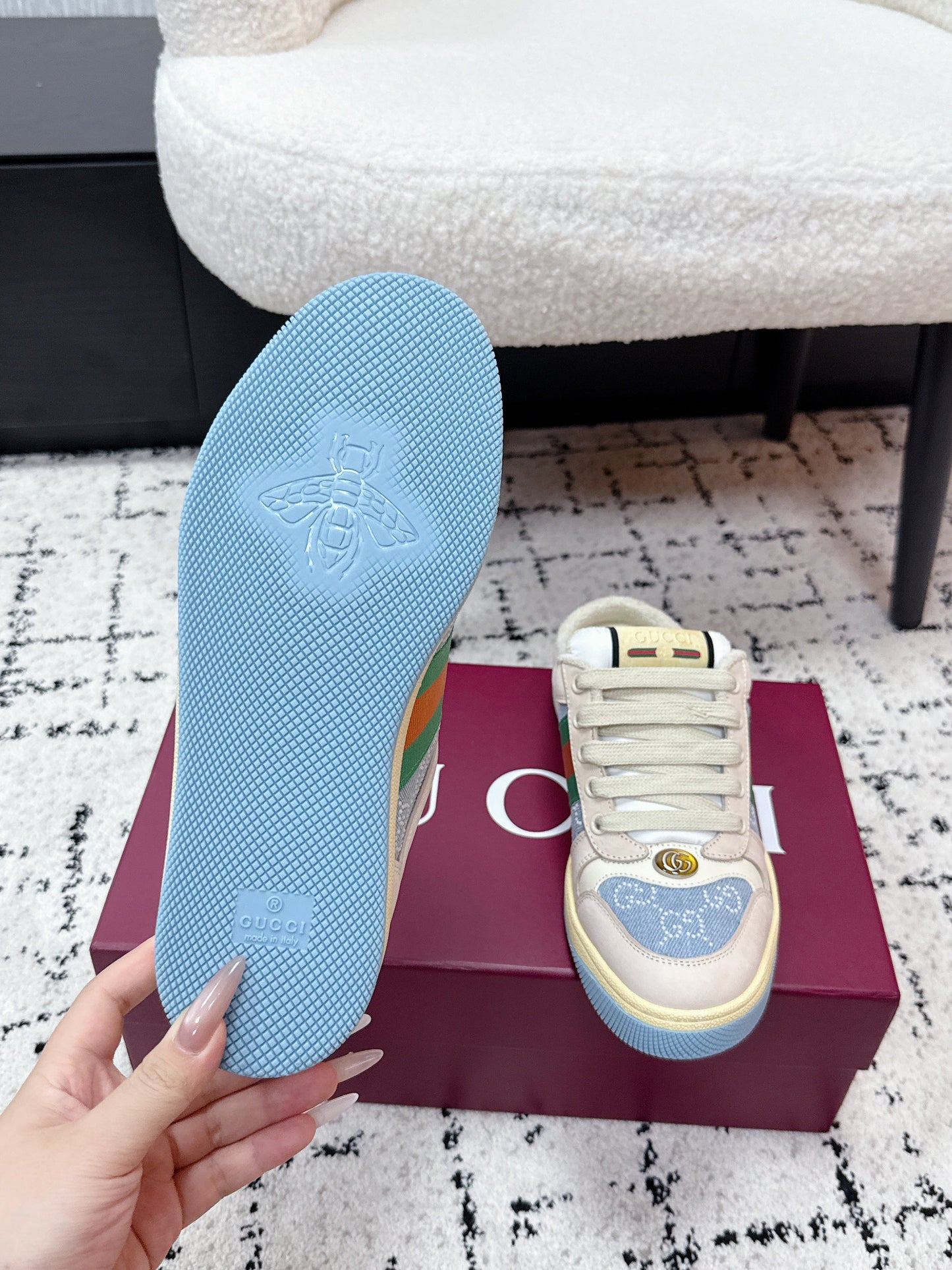 GG Screener Sneaker White Blue Mesh Leather 769552