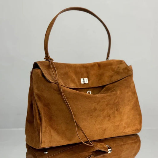 Balenciaga Large Bag 40 Camel Brown Suede Sliver Hardware