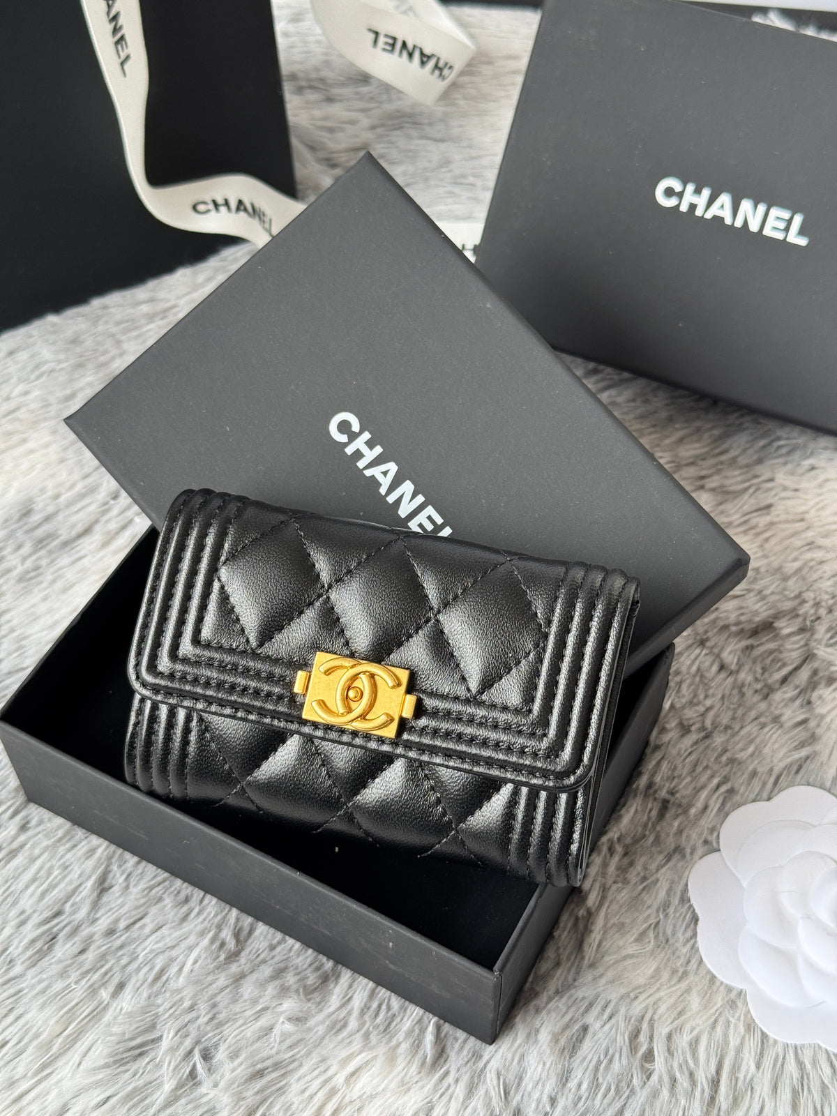 CC Boy Flap Card Holder Black Gold-tone Lambskin 242862