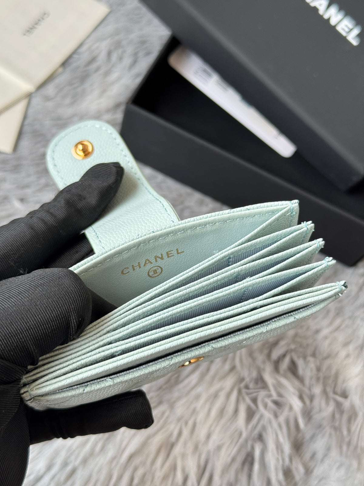 CC Accordion Card Holder Light Blue Gold-tone Metal Caviar 242663