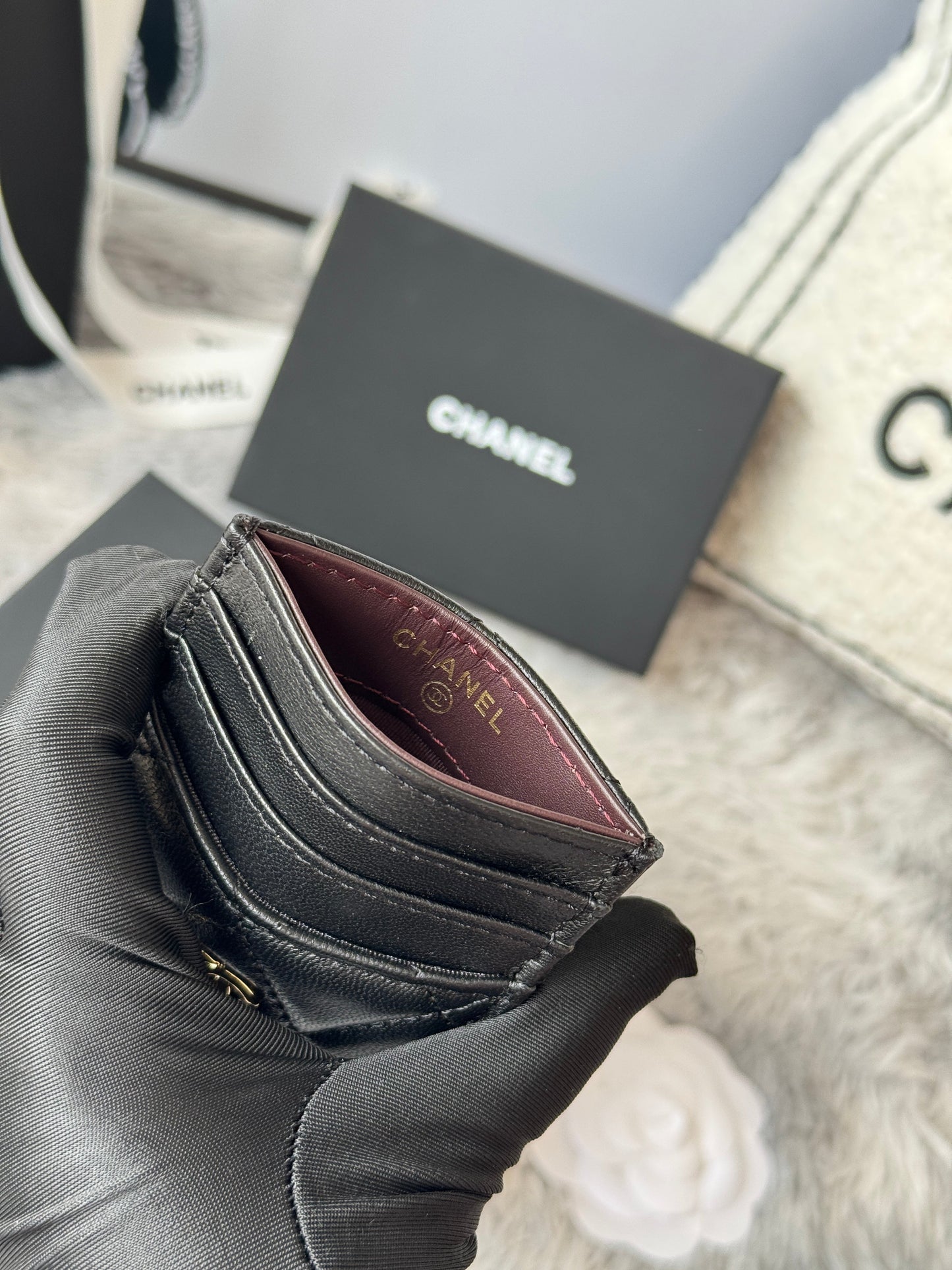 CC Carld Holder Black Gold-tone Metal Lamskin 242672