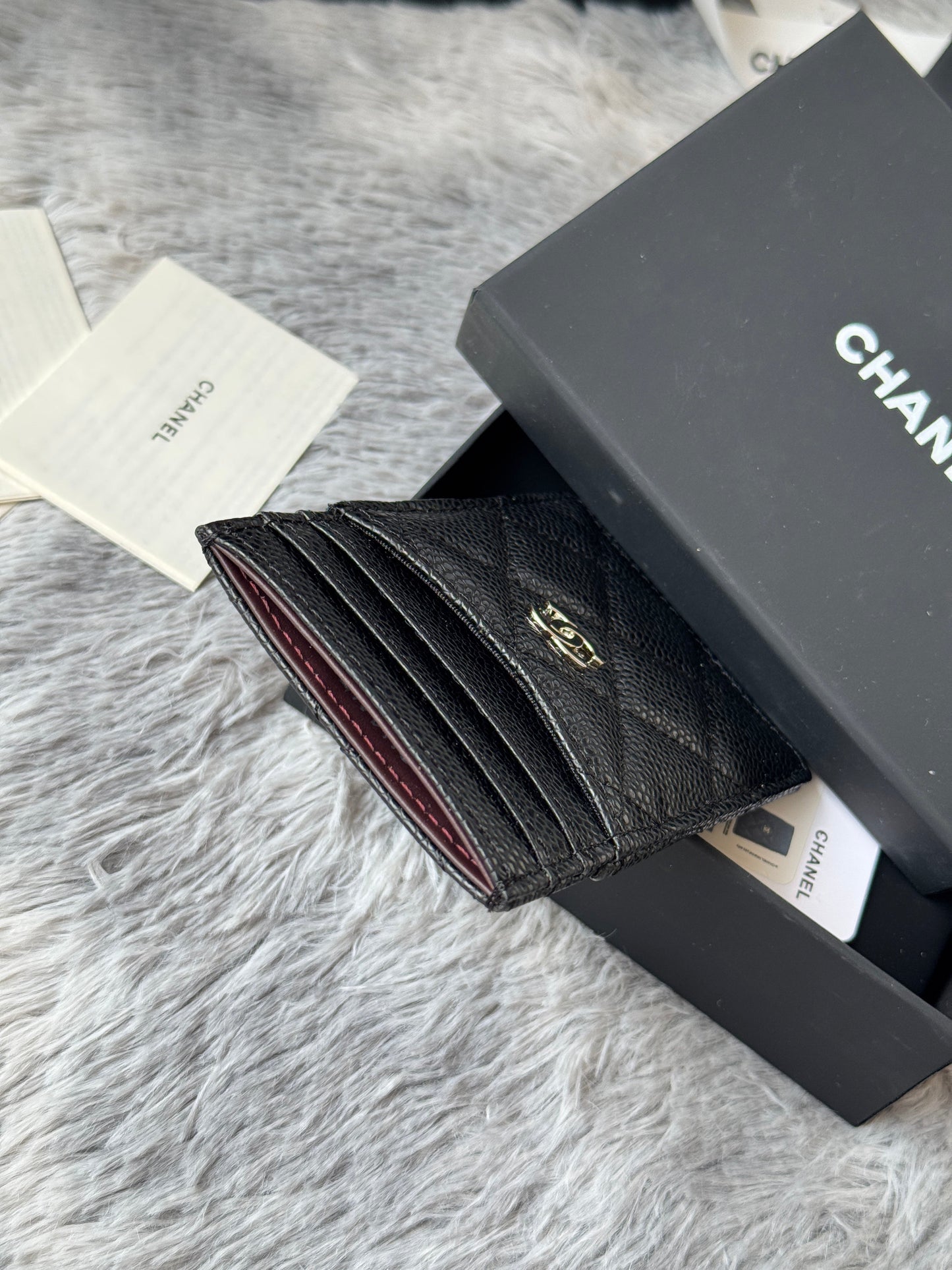 CC Carld Holder Black Sliver-tone Metal Grain Calfskin 242678