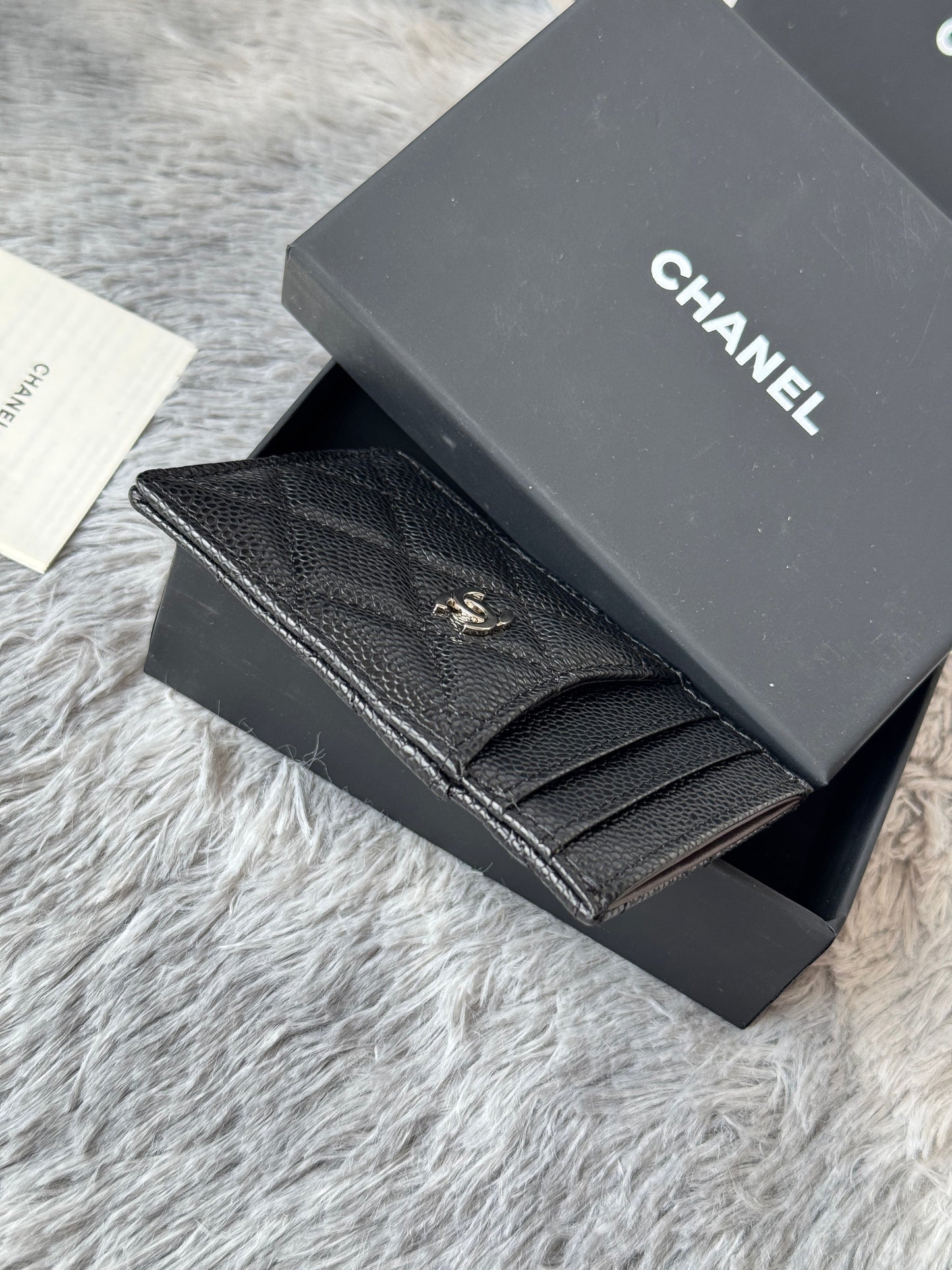 CC Carld Holder Black Sliver-tone Metal Grain Calfskin 242678