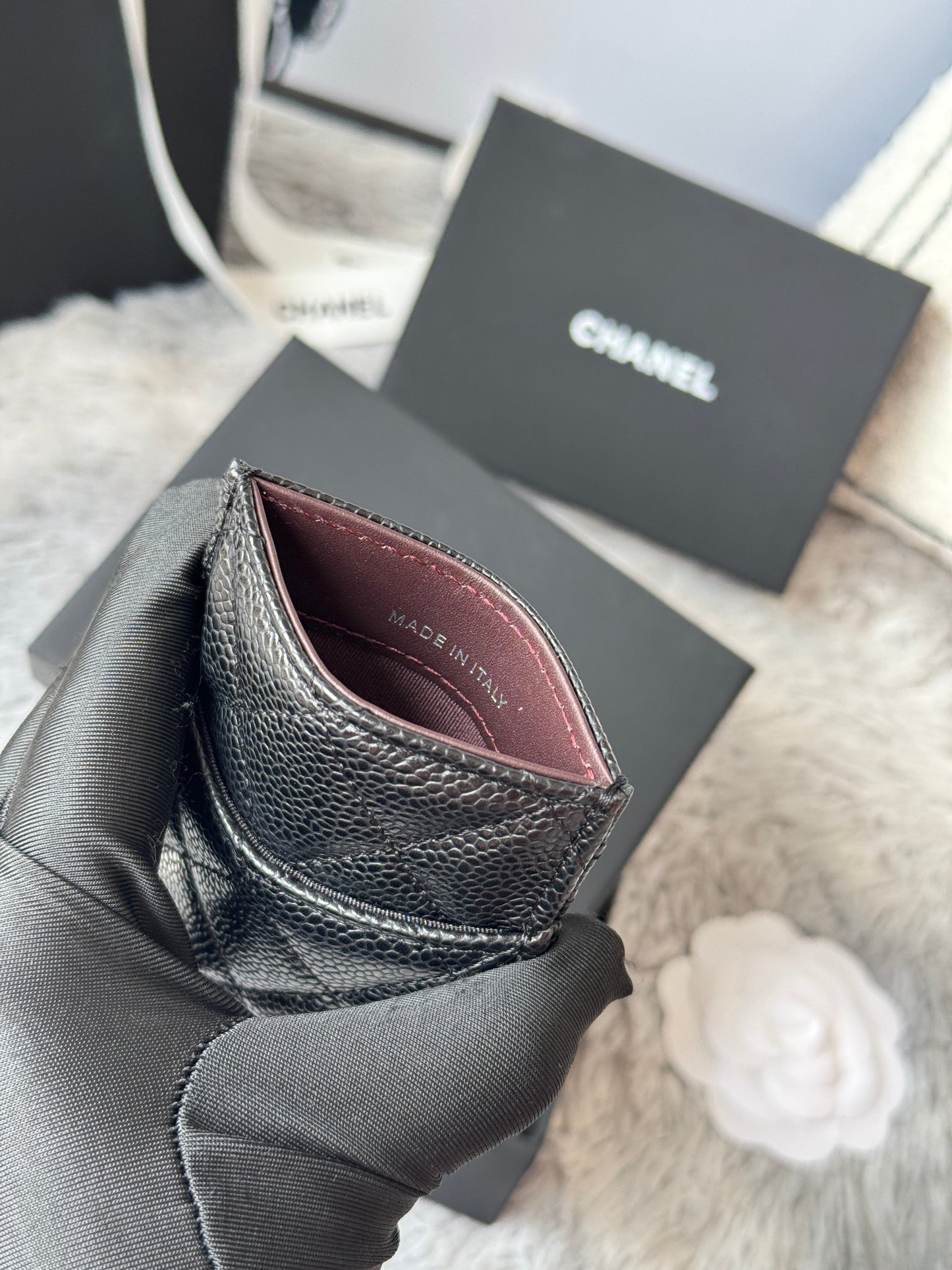 CC Carld Holder Black Golden- tone Metal Grain Calfskin 242680