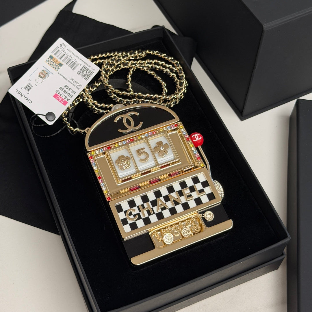 CC Resin Crystal Slot Machine Minaudiere Black Gold White Red Steel Cowhide Rhinestones