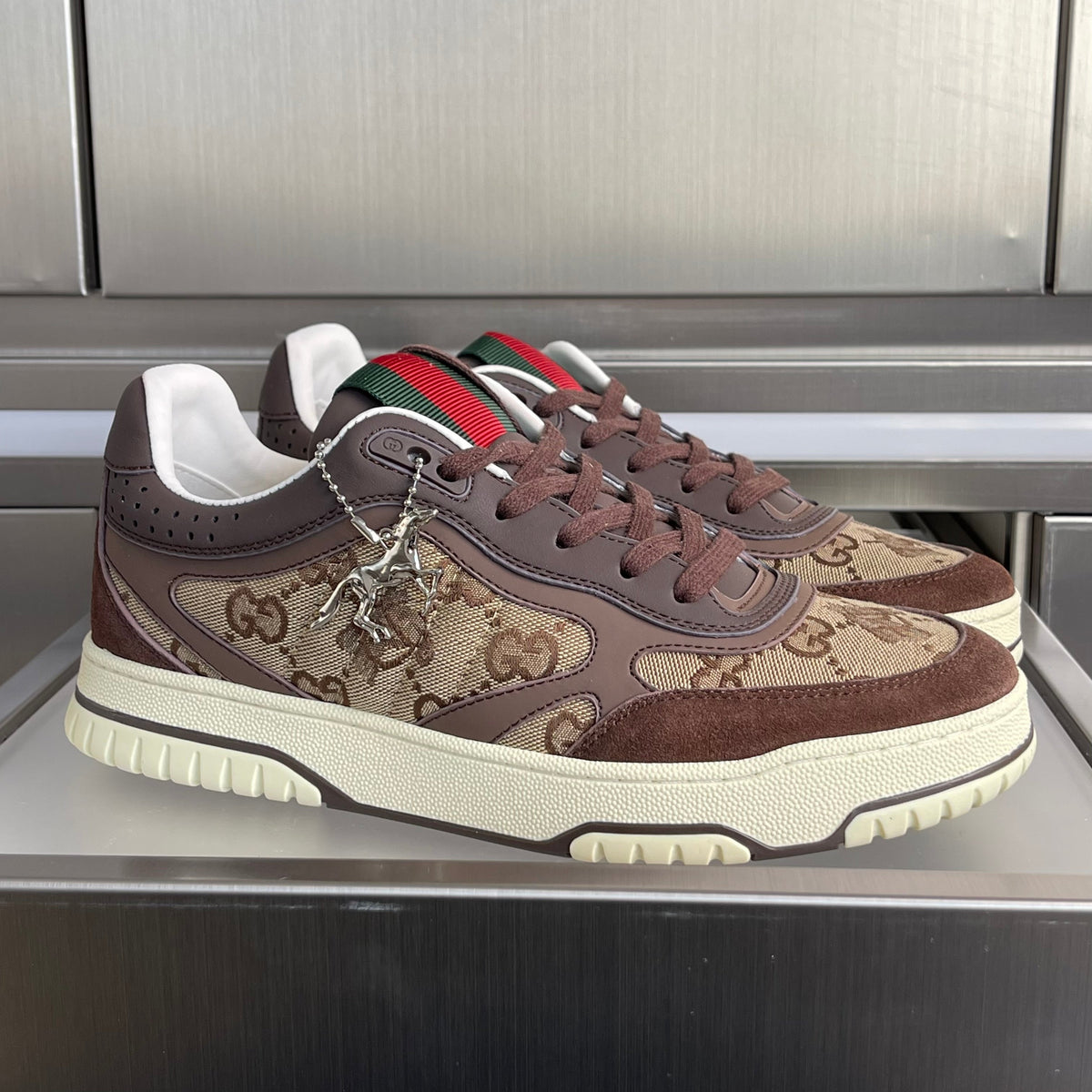 GG Women's Re-Web Trainers Beige Brown Cowhide Canvas 609257