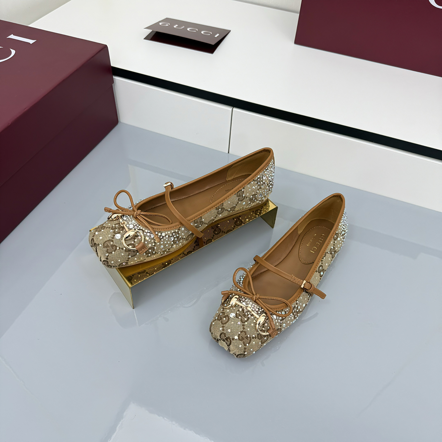 GG Women's Crystal Horsebit Ballet Flat Beige and Dark Brown Canvas 511209