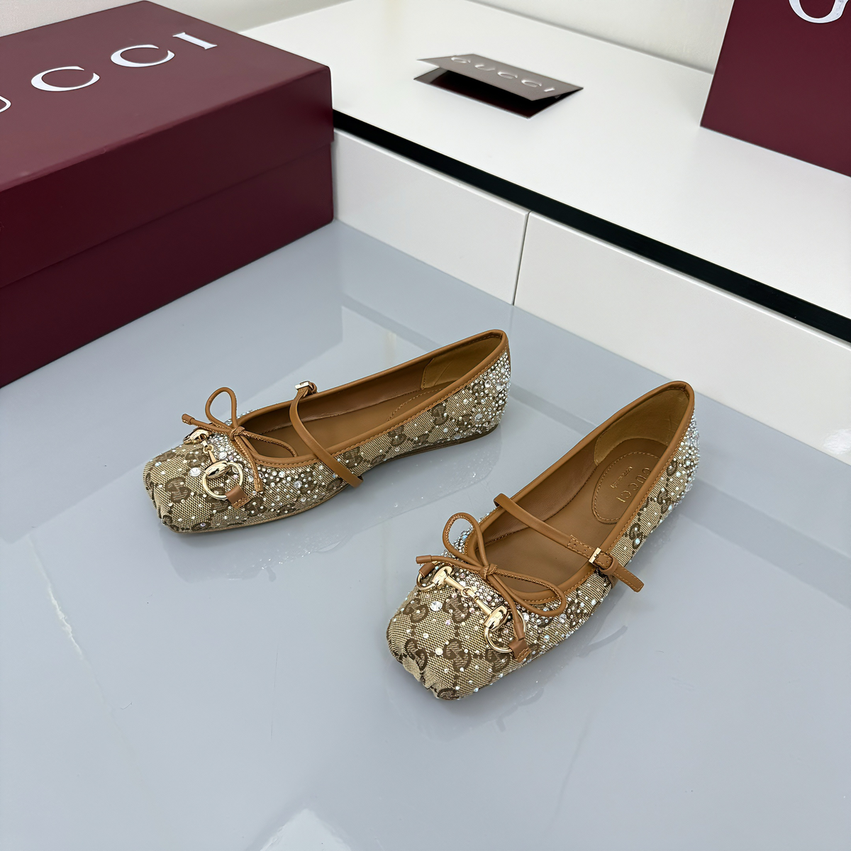 GG Women's Crystal Horsebit Ballet Flat Beige and Dark Brown Canvas 511209