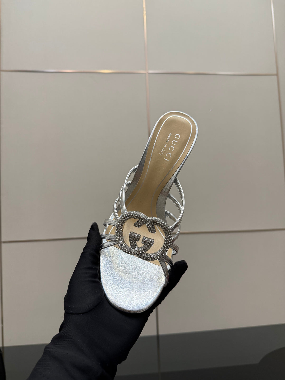 Women's Slide 85mm With Crystal Interlocking G Sliver Leather