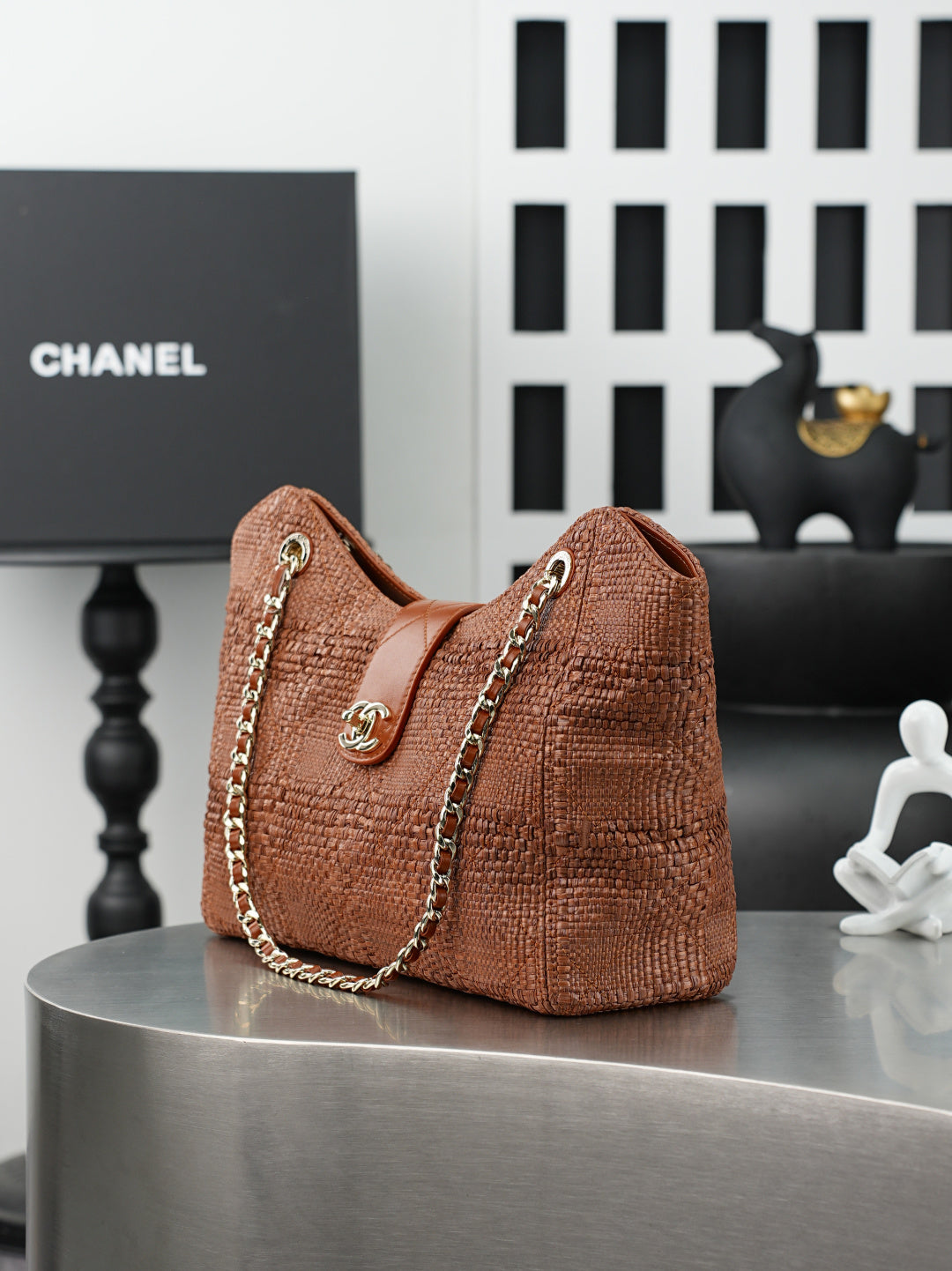 CC Shopping Bag 32cm Chocolate Braided Raffia