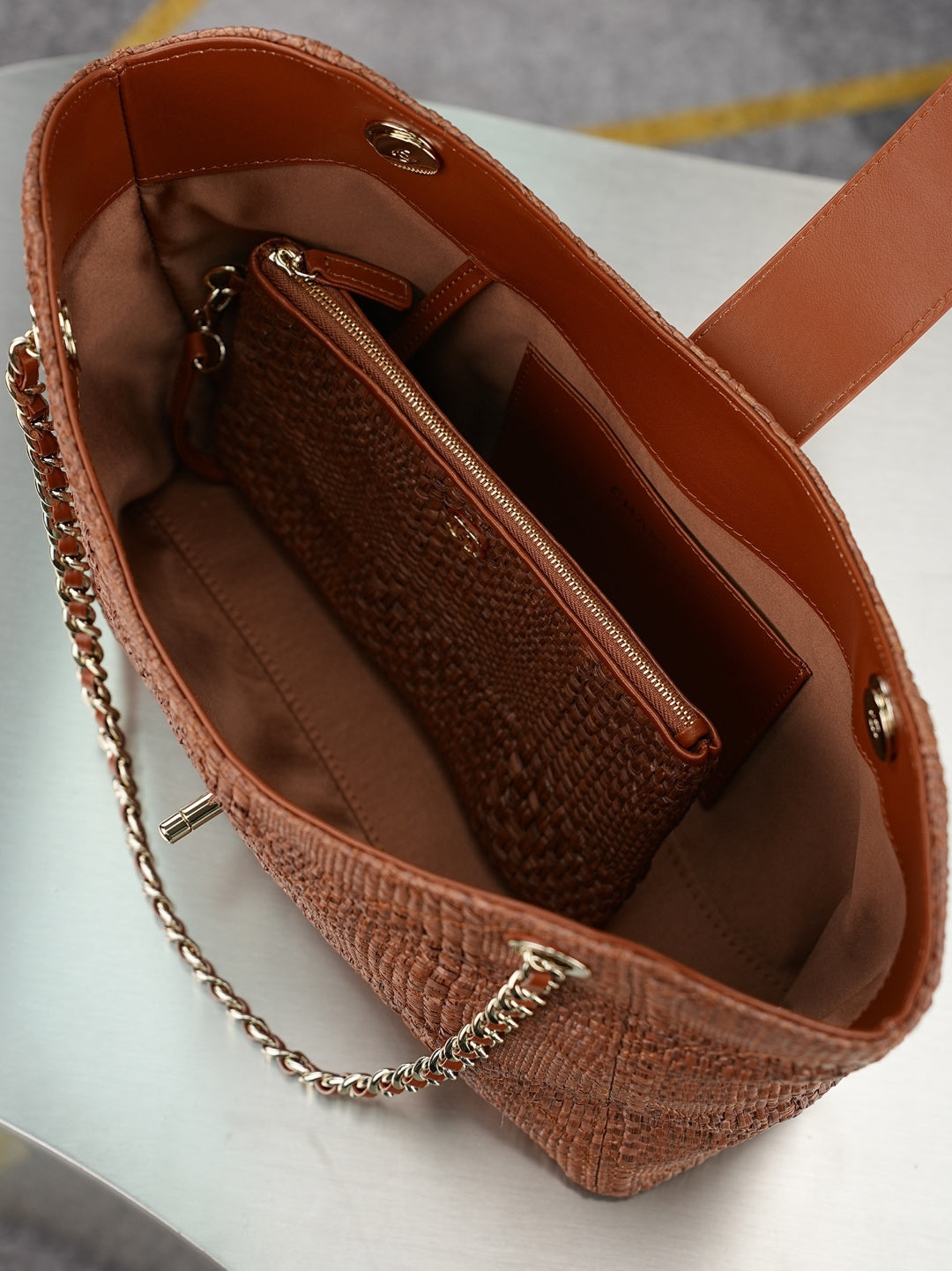CC Shopping Bag 32cm Chocolate Braided Raffia