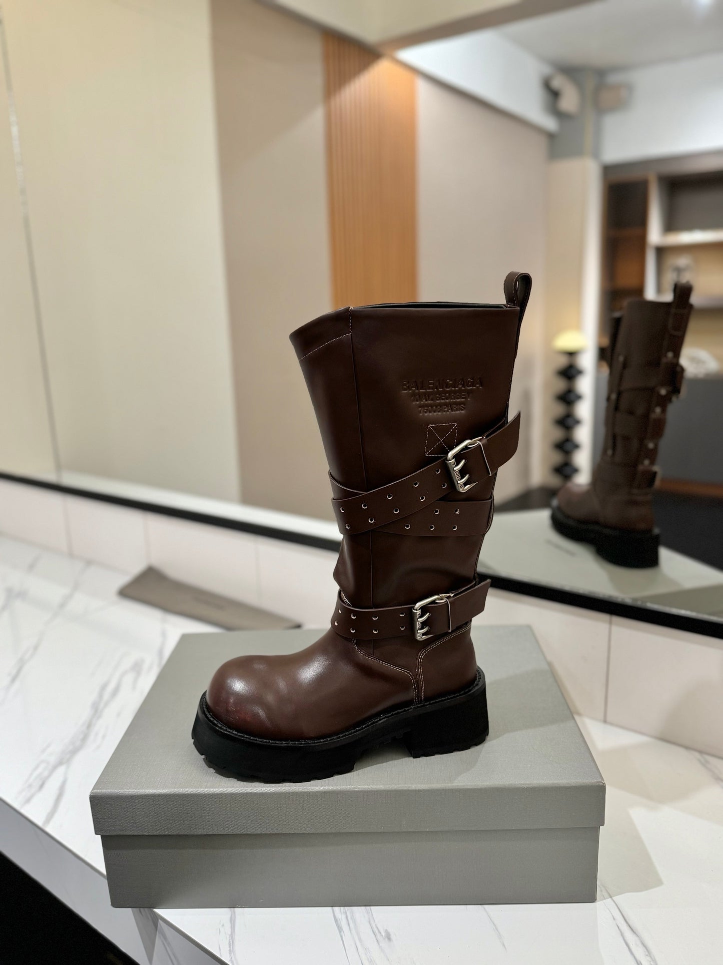 Balenciaga 25s buckled high boots brown calfskin 467612