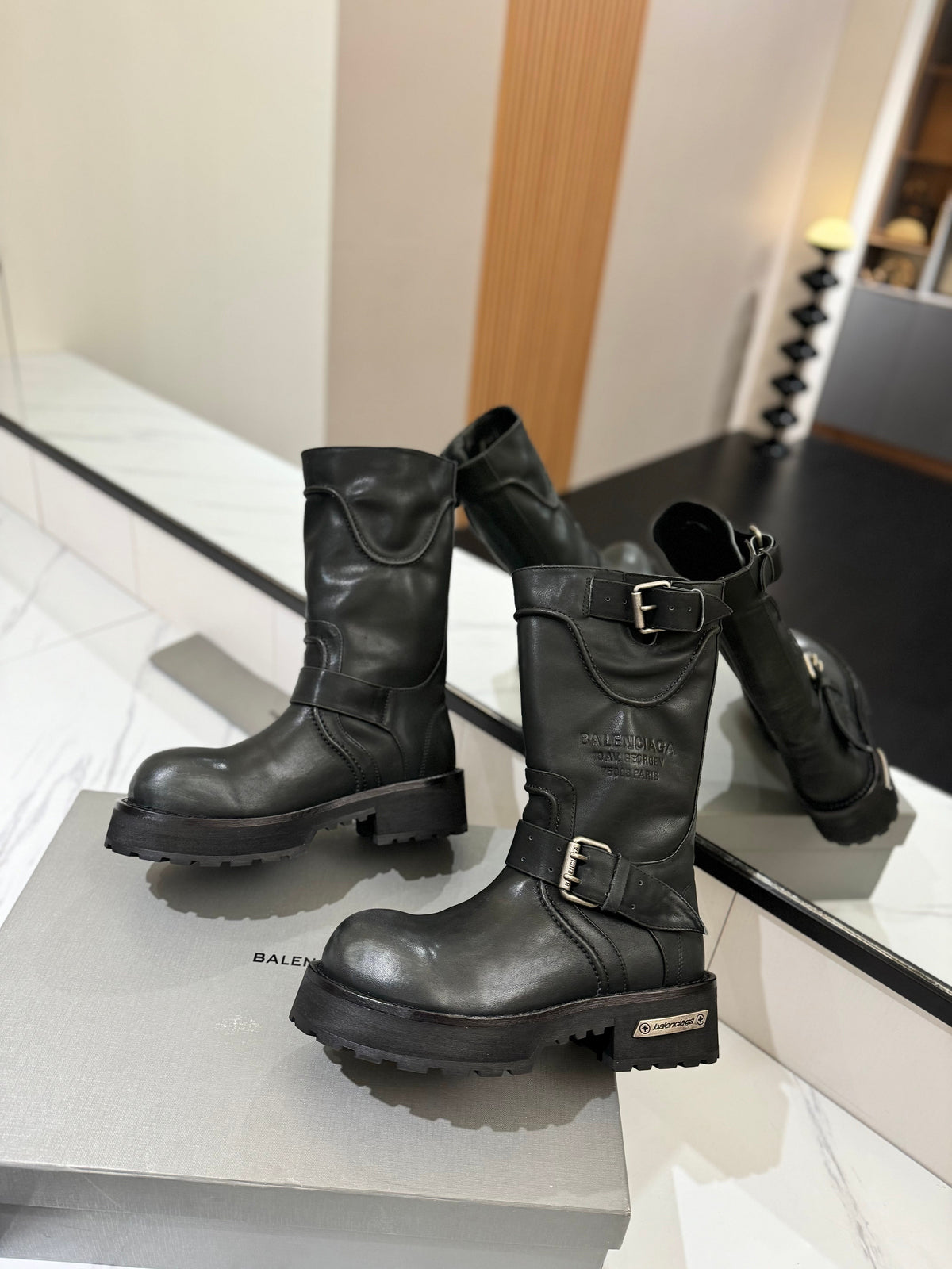 Balenciaga 25s buckled mid-calf boots black calfskin 467613