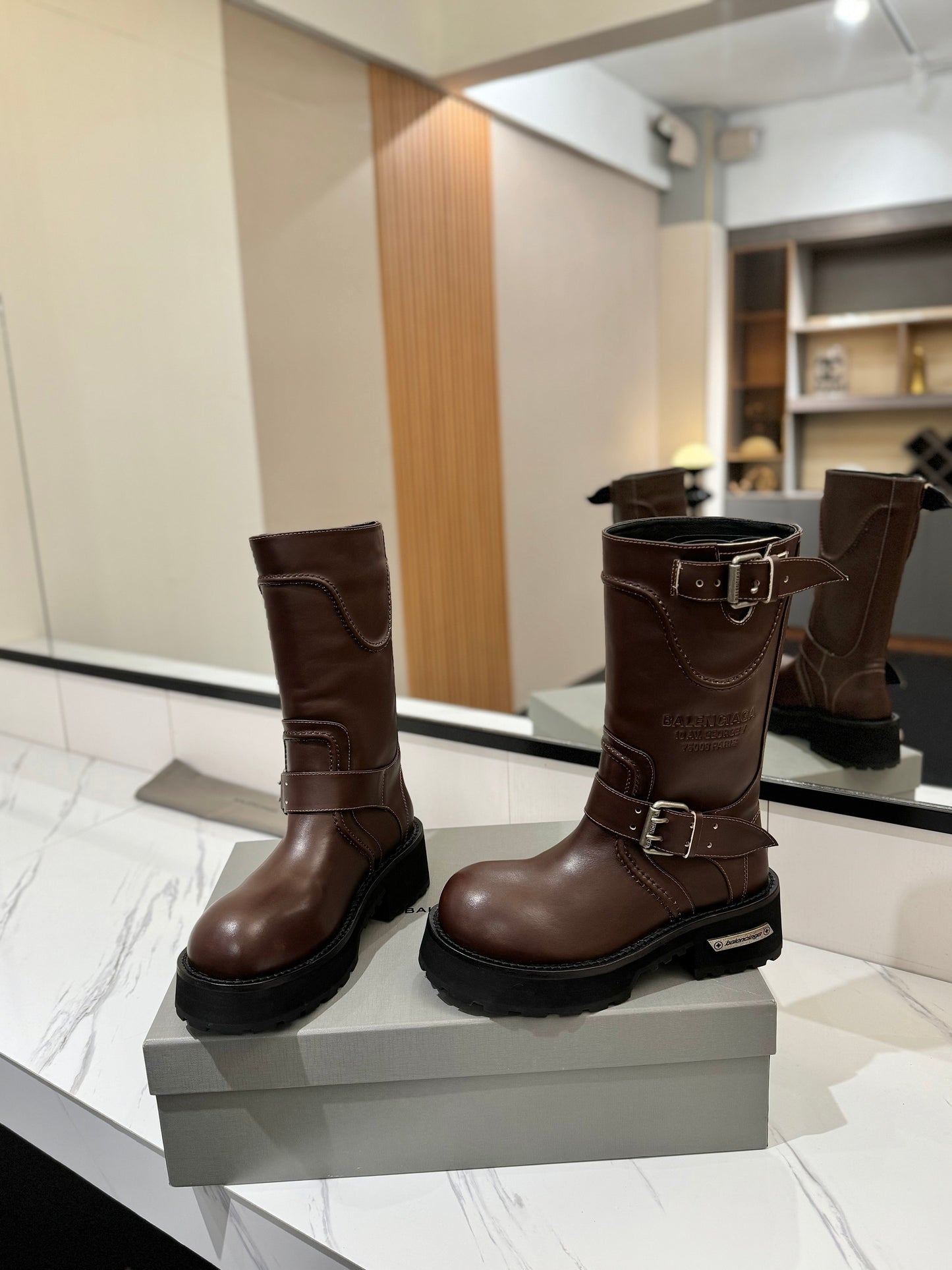 Balenciaga 25s buckled mid-calf boots brown calfskin 467614