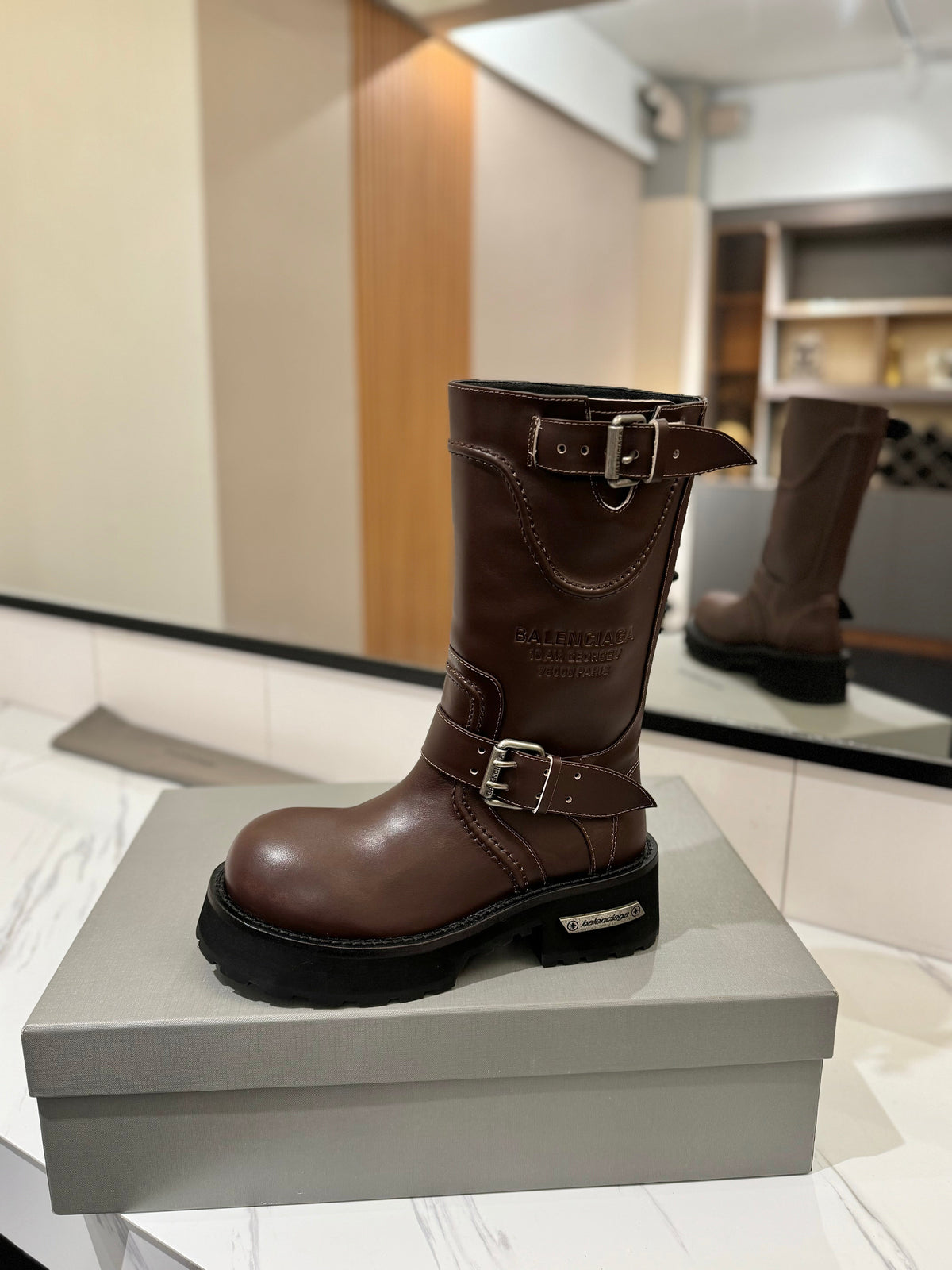 Balenciaga 25s buckled mid-calf boots brown calfskin 467614
