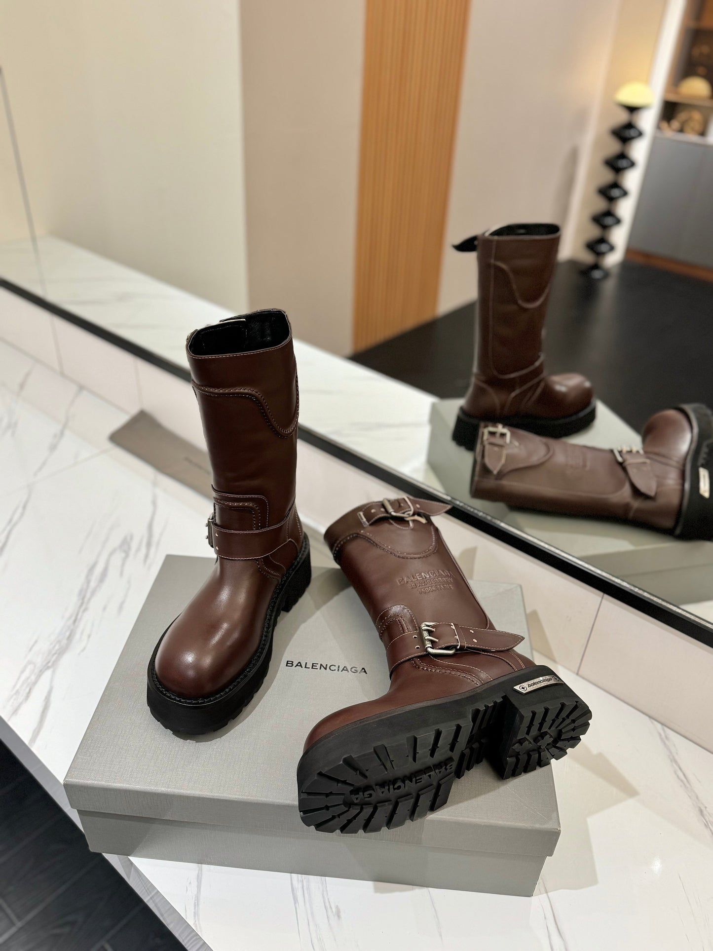 Balenciaga 25s buckled mid-calf boots brown calfskin 467614