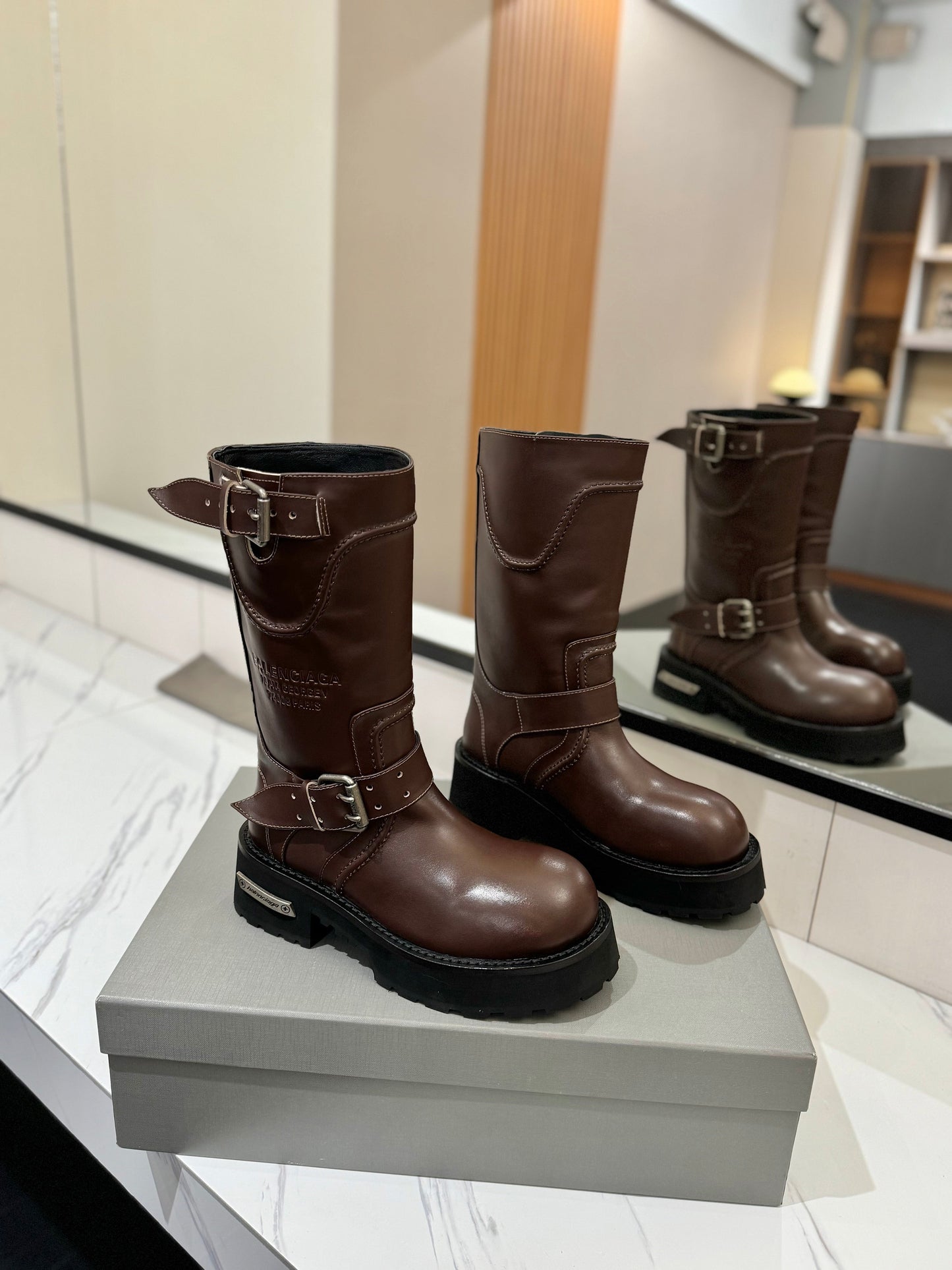 Balenciaga 25s buckled mid-calf boots brown calfskin 467614