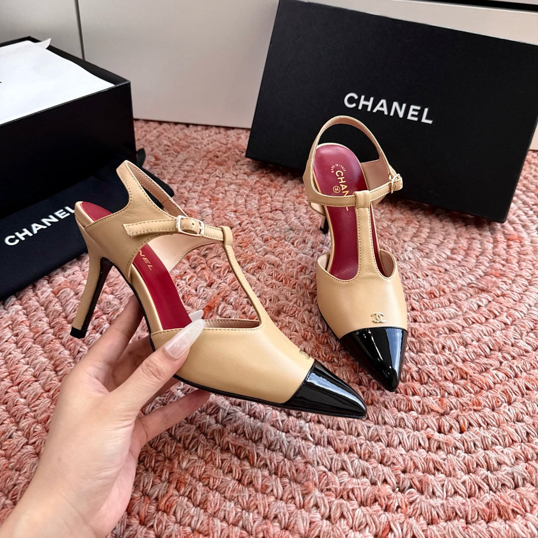 CC 26s T-Strap Slingback Pumps Beige Black Leather 933225