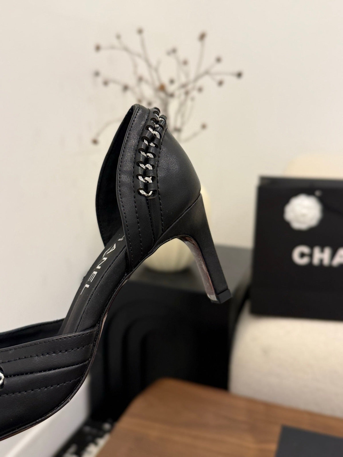 CC 2026 SlingBack Heeld Braided Chain Black Calfskin 676196