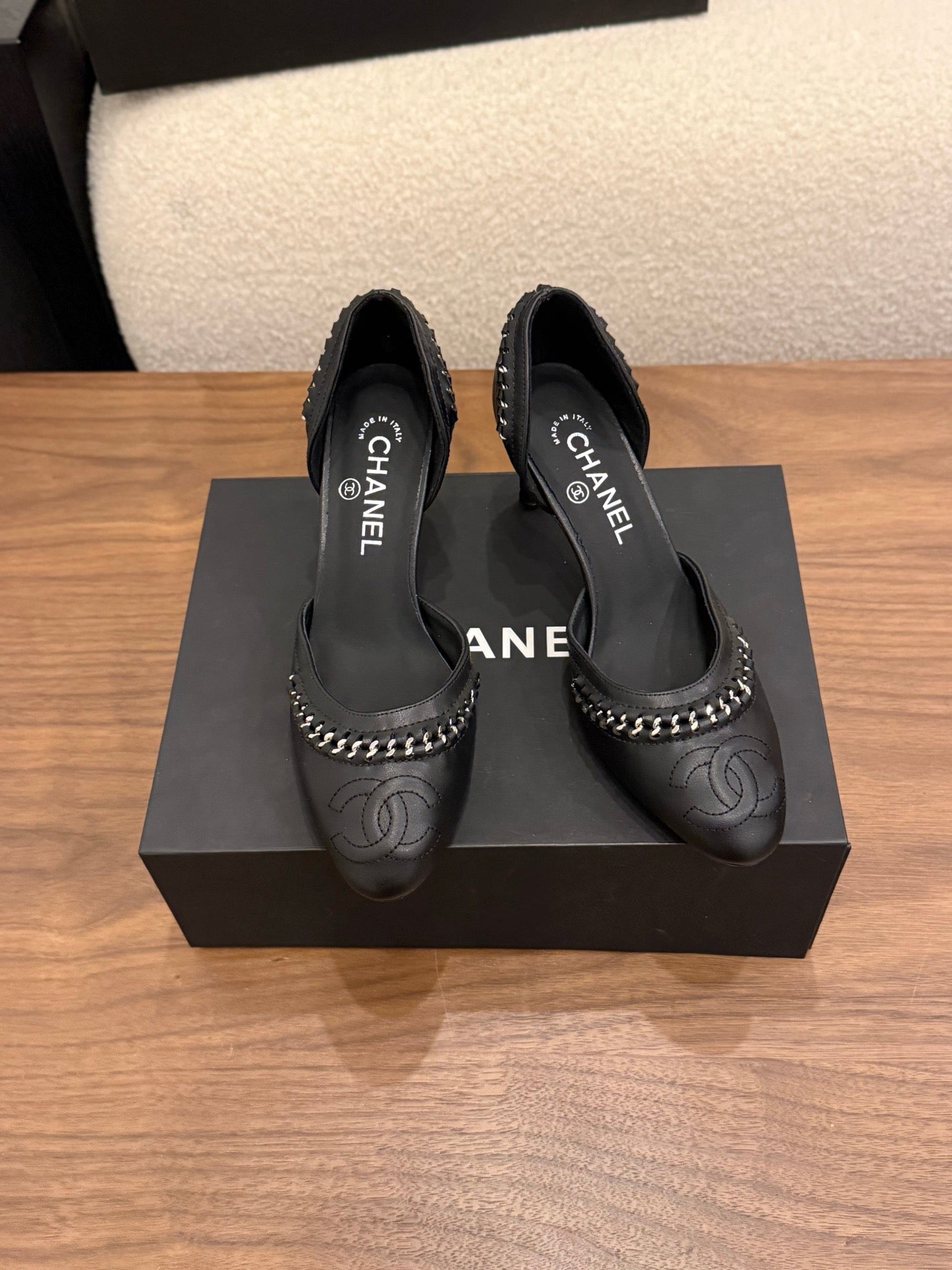 CC 2026 SlingBack Heeld Braided Chain Black Calfskin 676196