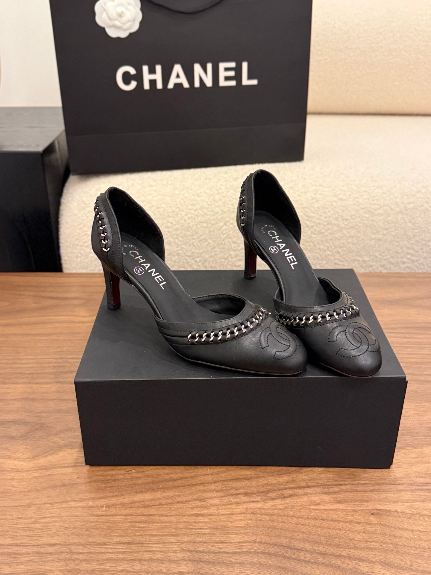 CC 2026 SlingBack Heeld Braided Chain Black Calfskin 676196