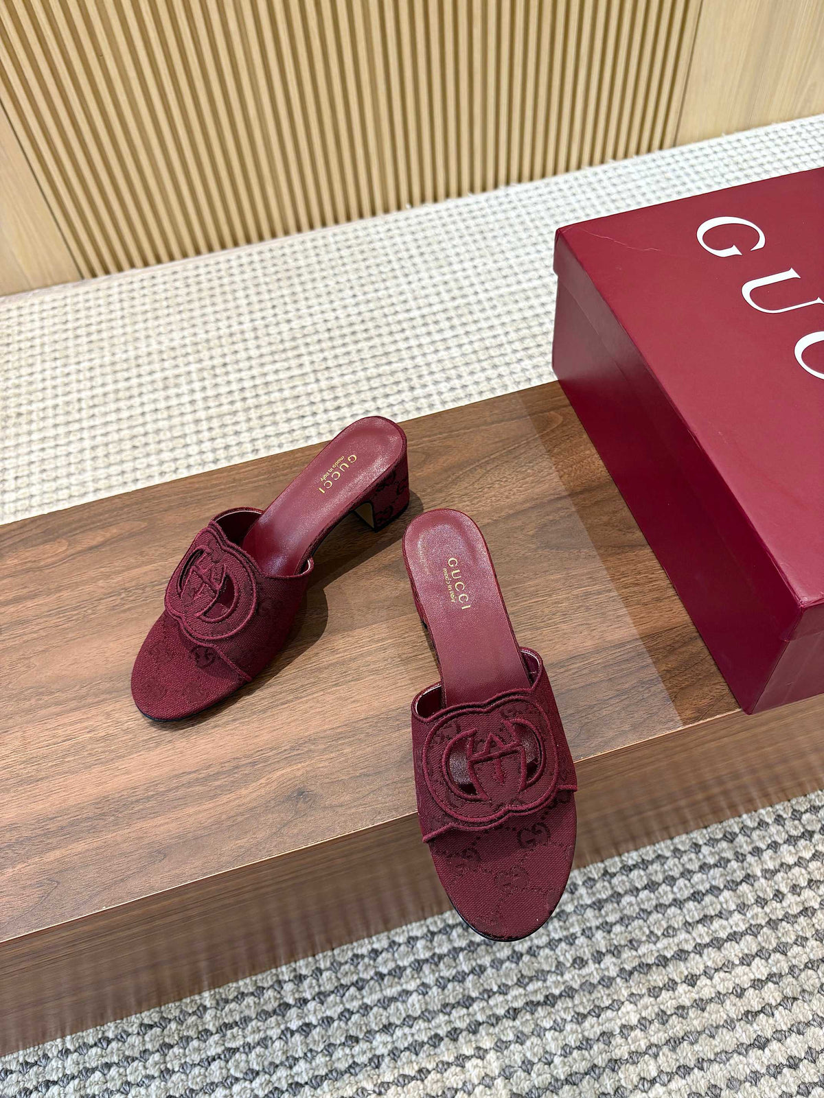 GG Interlocking G Cutout Sandals 5.5cm Burgundy Canvas 646506